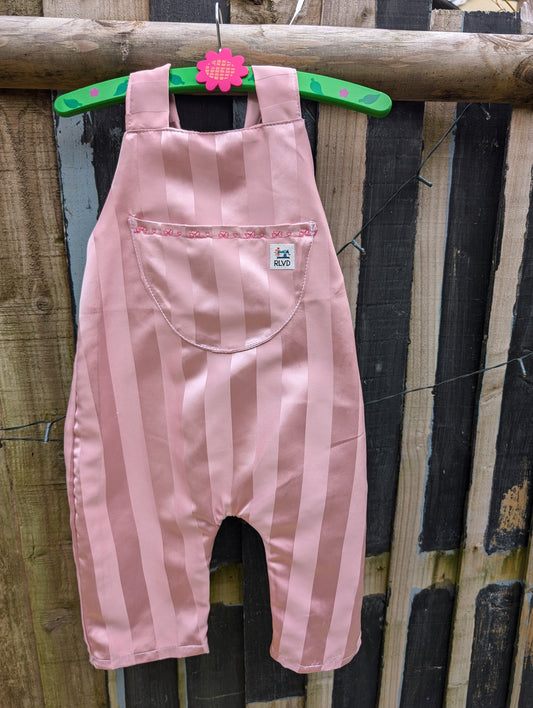 Childs Dungarees, kids romper, age 3-4yrs, pink satin stripe