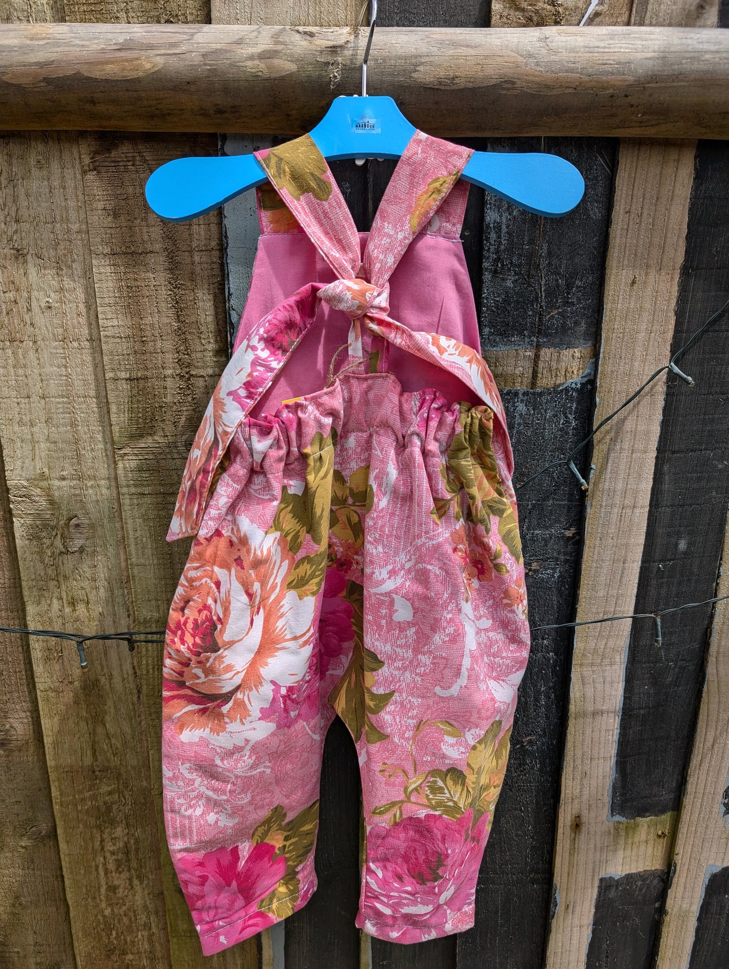 Baby Dungarees, romper, age 6-9m, fushia pink floral