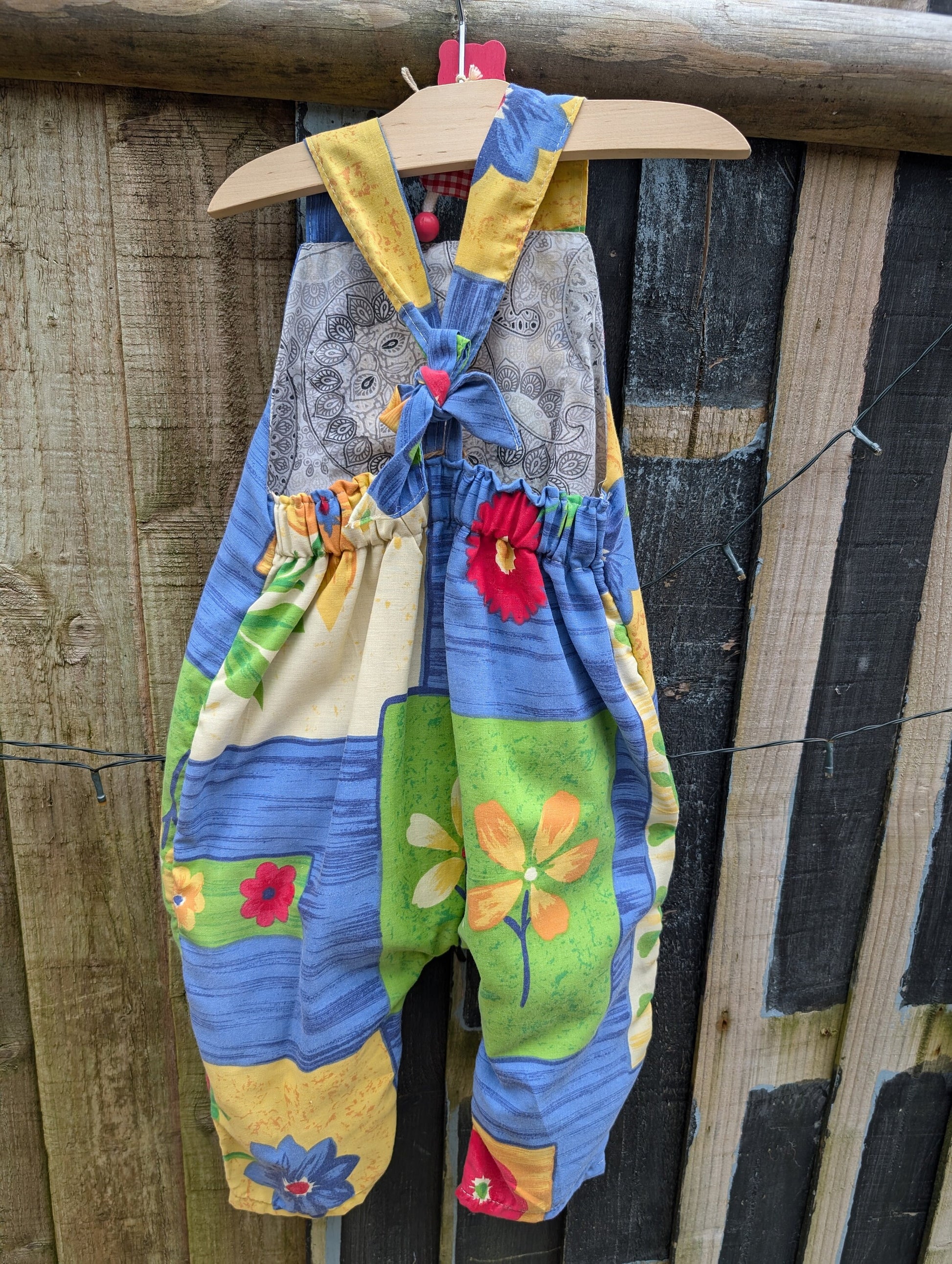 Child Dungarees, romper, age 2-3yrs, 80s blue and yellow floral