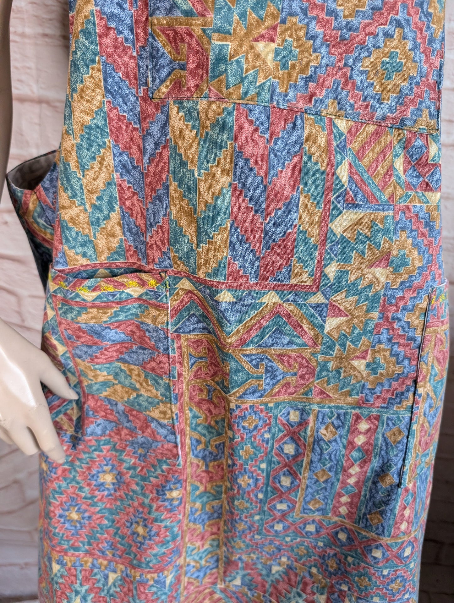 dress size 20, 80/90s patten dress, pinafore dress, dungarees dress, tie top dress, apron dress, pockets dress, multicoloured dress,