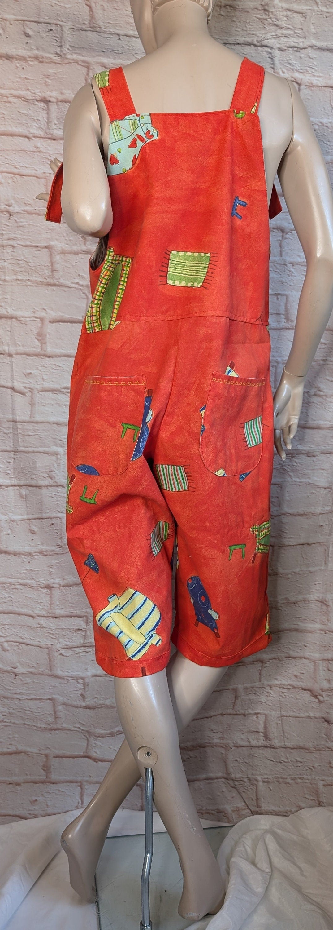 dungarees size 14 , short dungarees, red dungarees, cropped overalls