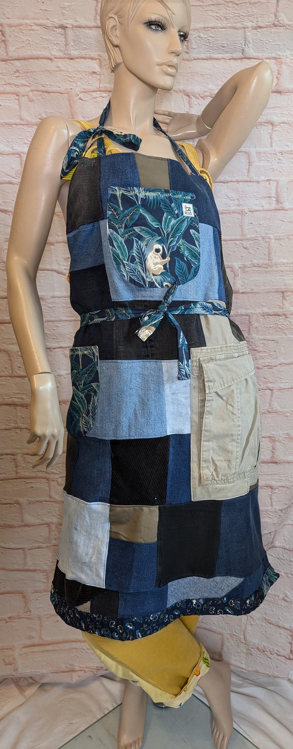 long apron, patchwork apron adult, denim piny, kitchen cover up, novelty apron