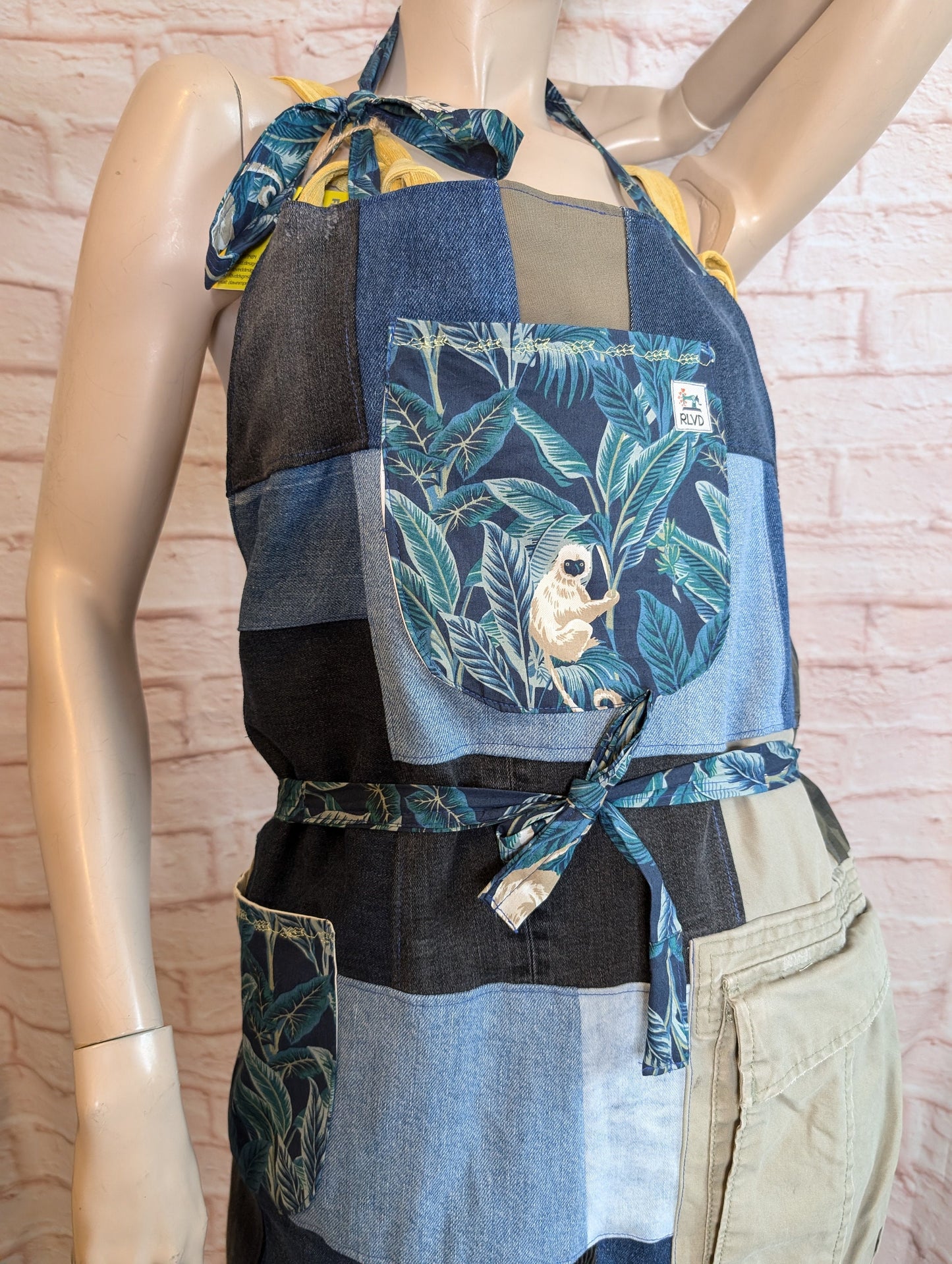 long apron, patchwork apron adult, denim piny, kitchen cover up, novelty apron