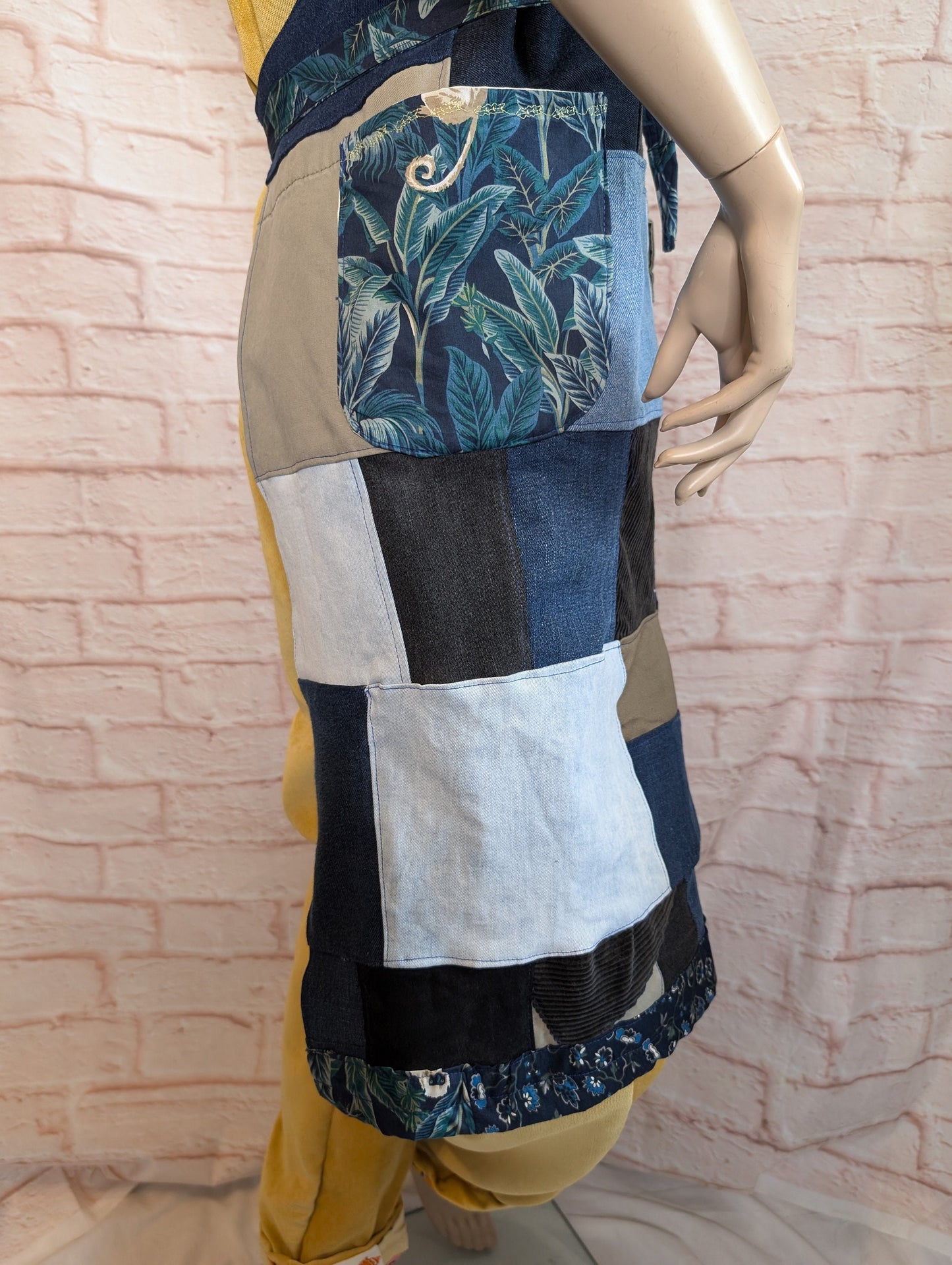 long apron, patchwork apron adult, denim piny, kitchen cover up, novelty apron