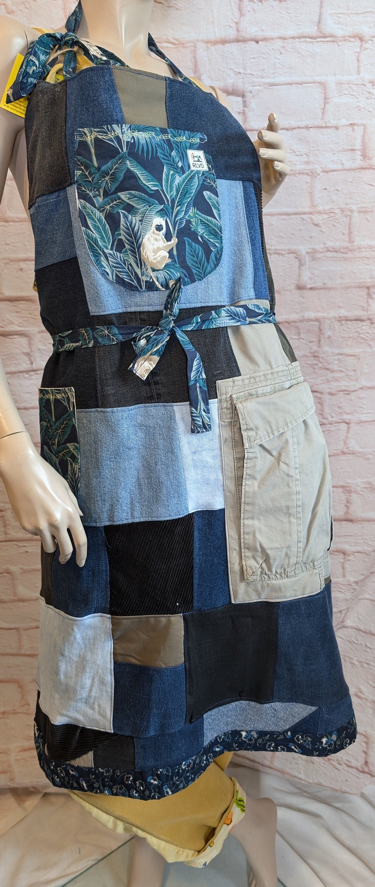 long apron, patchwork apron adult, denim piny, kitchen cover up, novelty apron