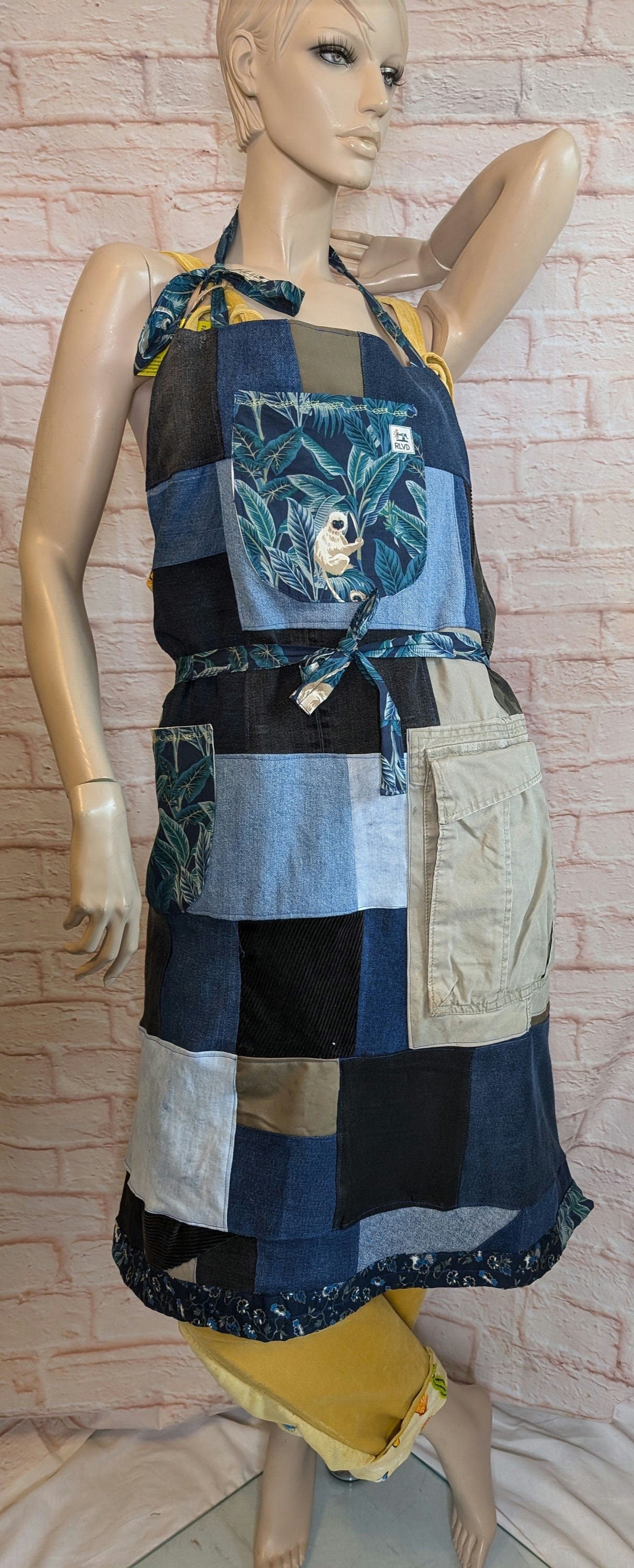 long apron, patchwork apron adult, denim piny, kitchen cover up, novelty apron