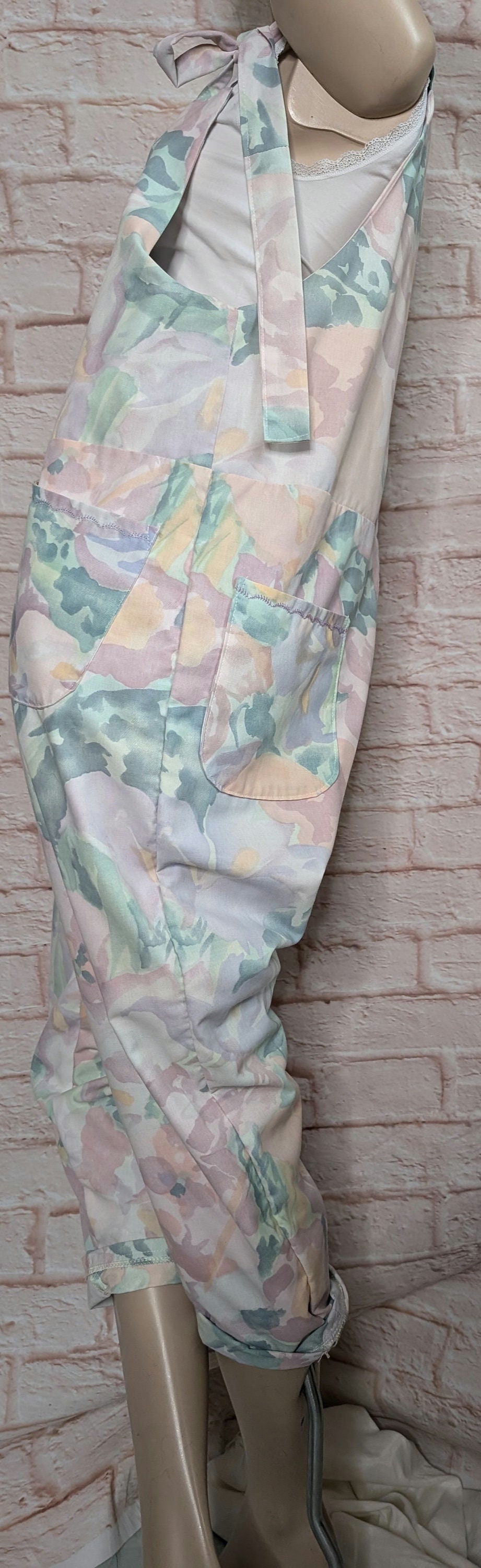 dungarees size 16/18, pastel shades, baggy dungarees, 90s print dungarees, pink overalls