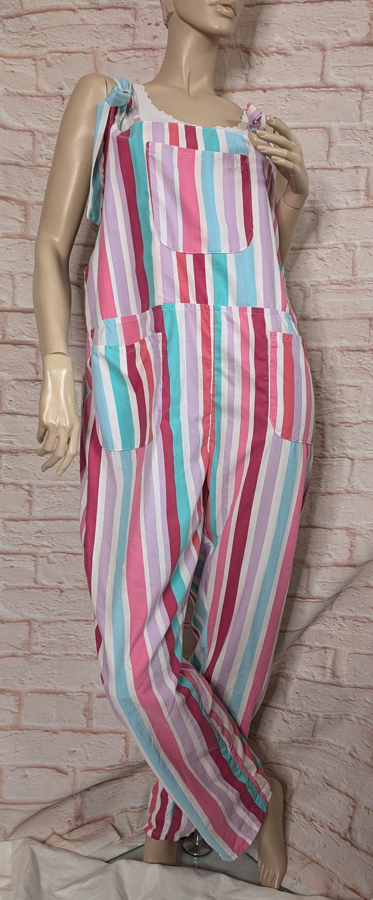 dungarees size 16/18, pastel strips, baggy dungarees, candy stripe dungarees, pink overalls