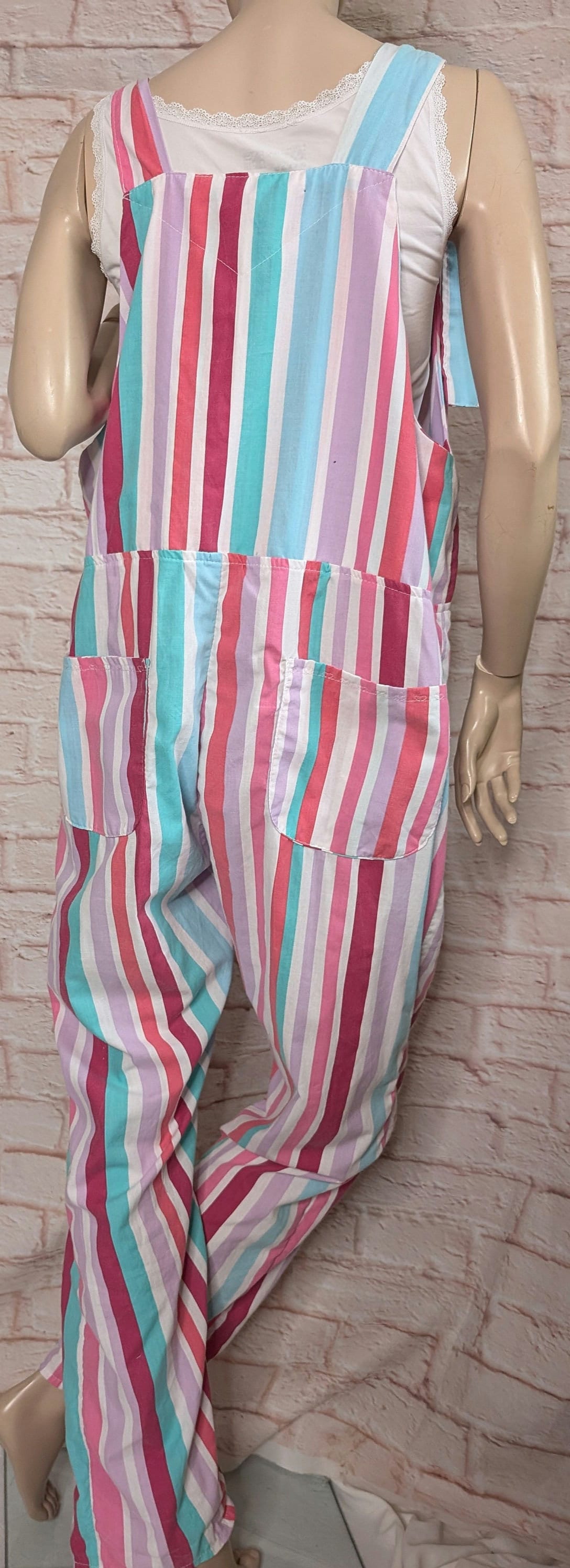 dungarees size 16/18, pastel strips, baggy dungarees, candy stripe dungarees, pink overalls