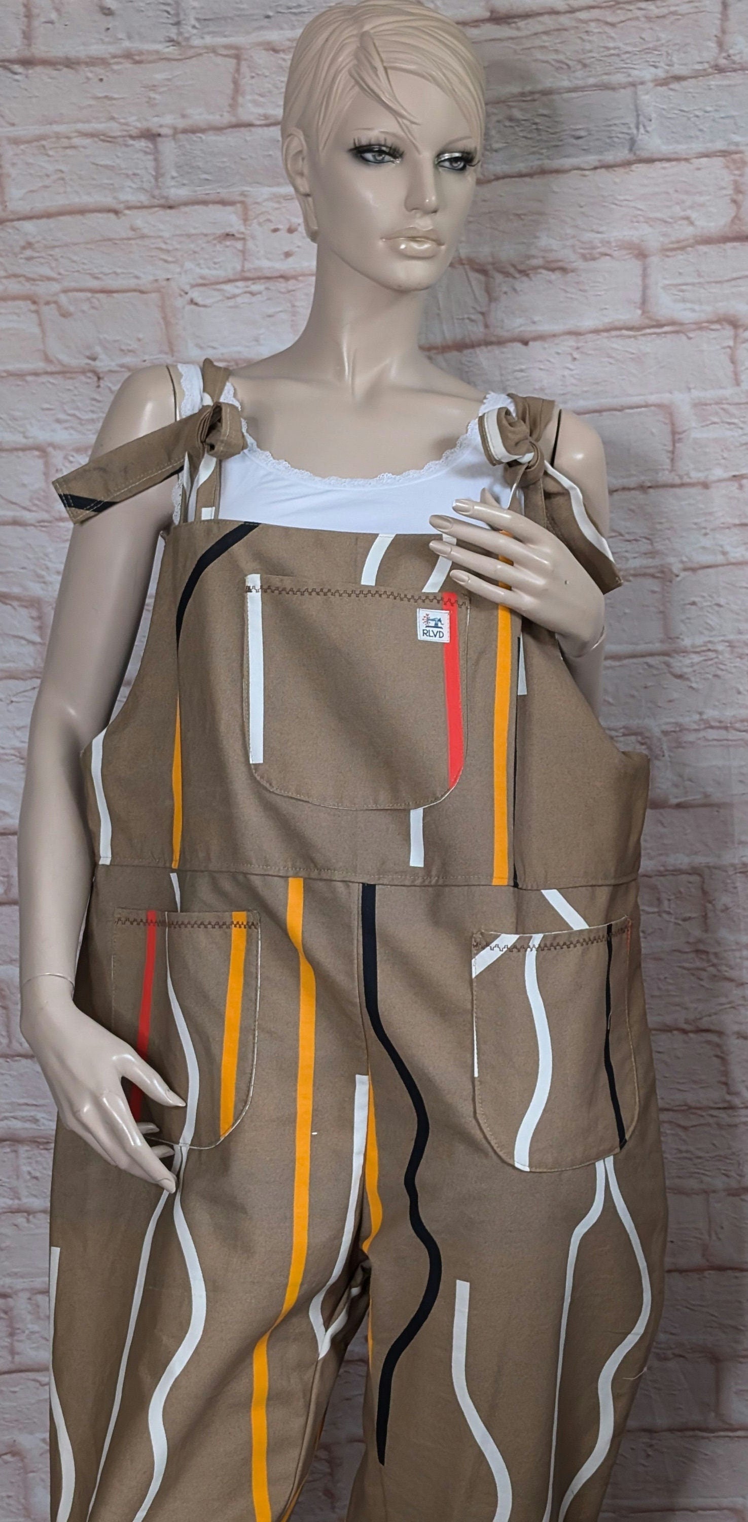 dungarees size 16/18, caramel colour baggy dungarees, abstract stripe dungarees, patterned overalls