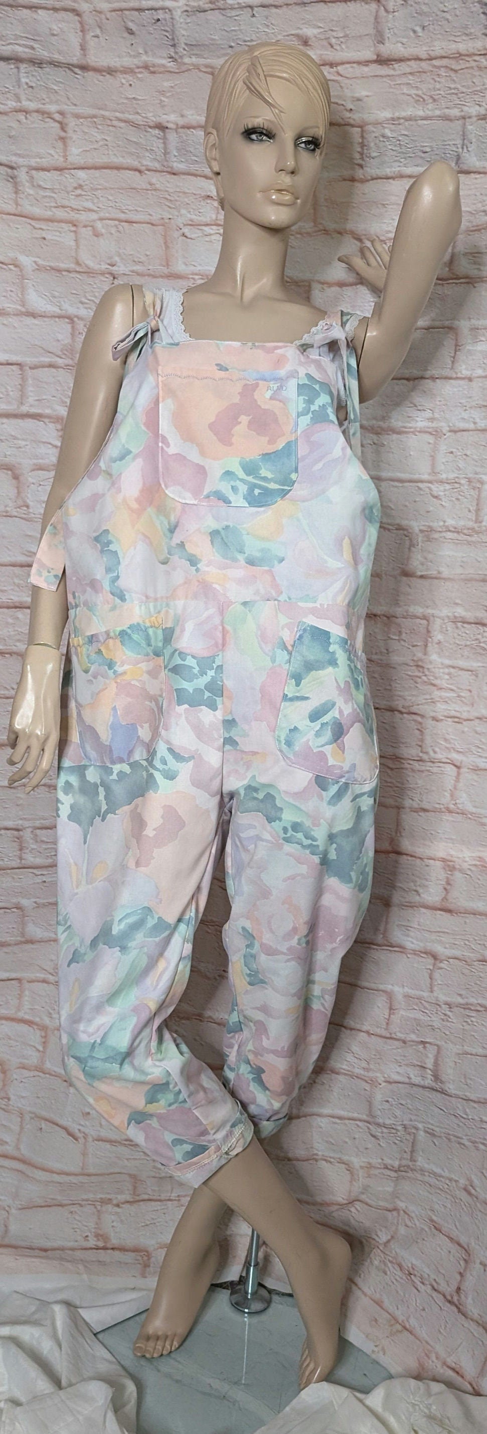 dungarees size 16, floral multi coloured dungarees, 90s print dungarees, colourful overalls.