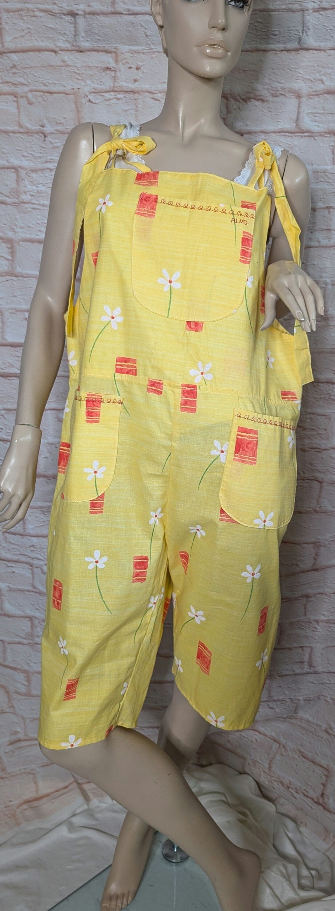 dungarees size 16, short dungarees, yellow and red floral dungarees