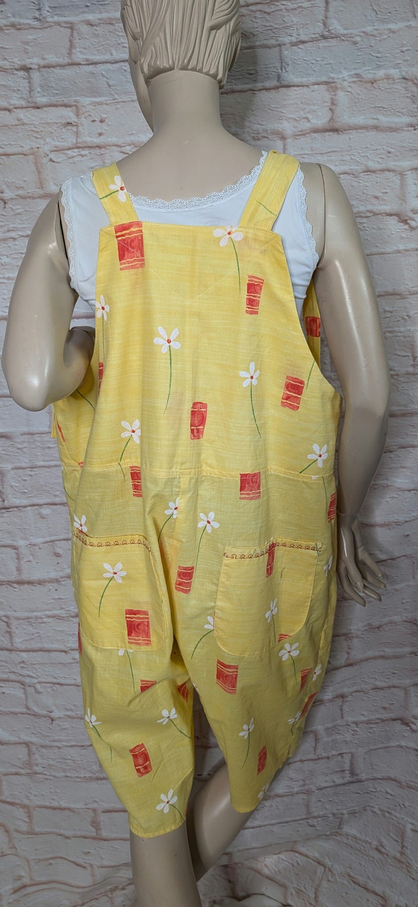 dungarees size 16, short dungarees, yellow and red floral dungarees