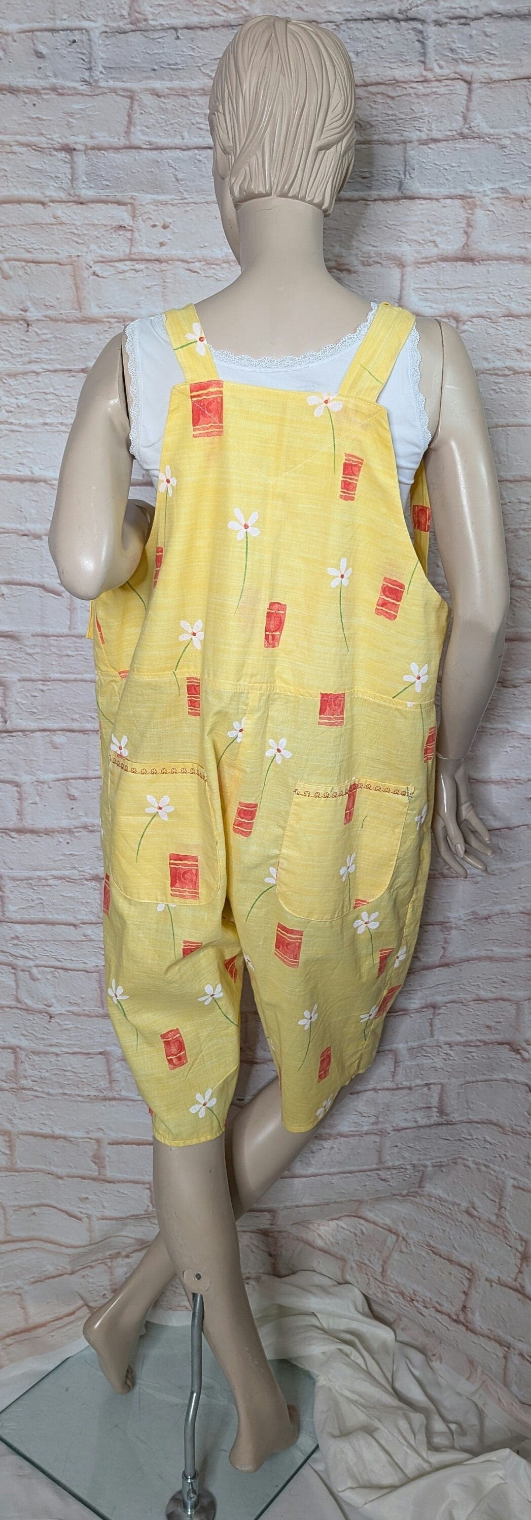 dungarees size 16, short dungarees, yellow and red floral dungarees