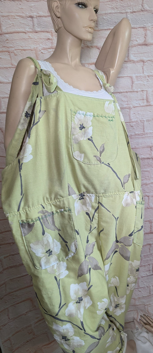 dungarees size 24, green blossom floral dungarees, plus size dungarees