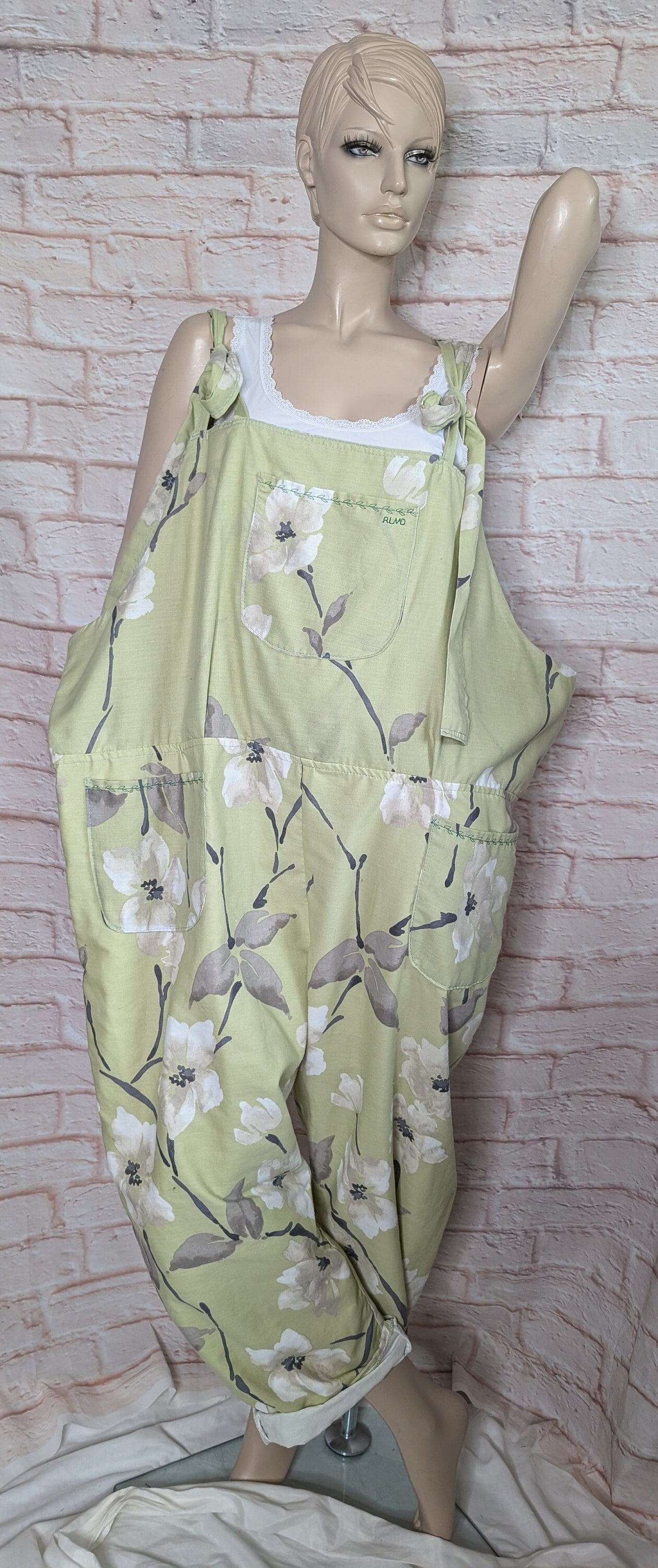 dungarees size 24, green blossom floral dungarees, plus size dungarees