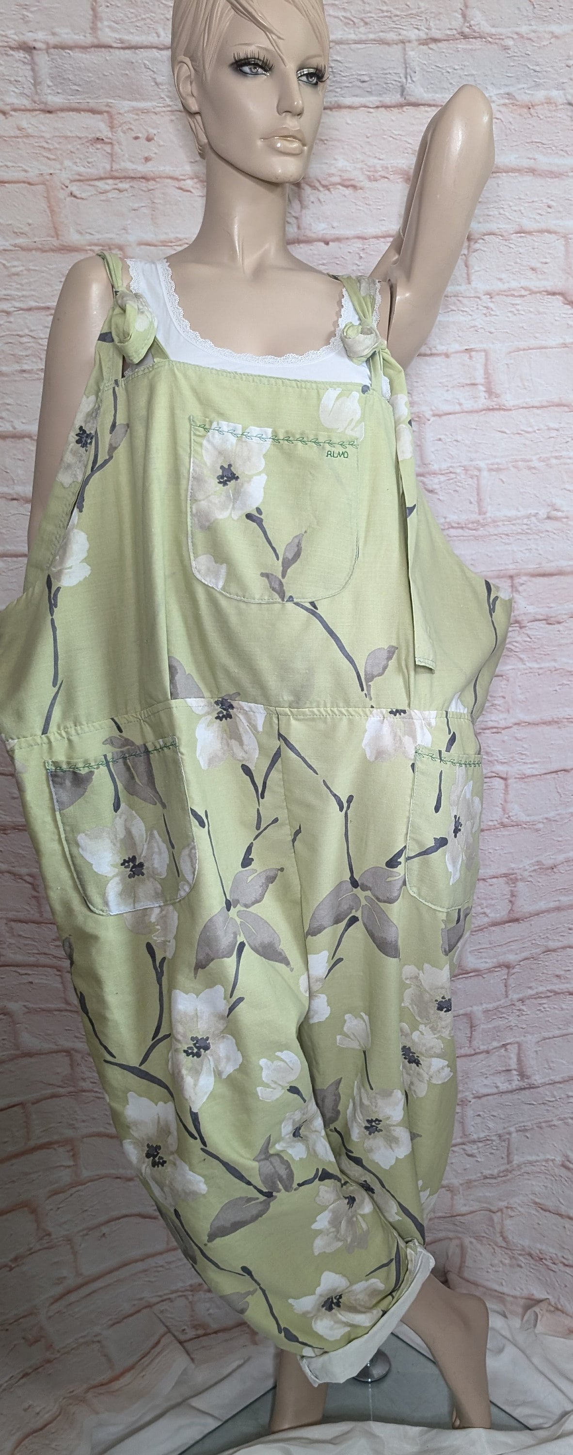 dungarees size 24, green blossom floral dungarees, plus size dungarees