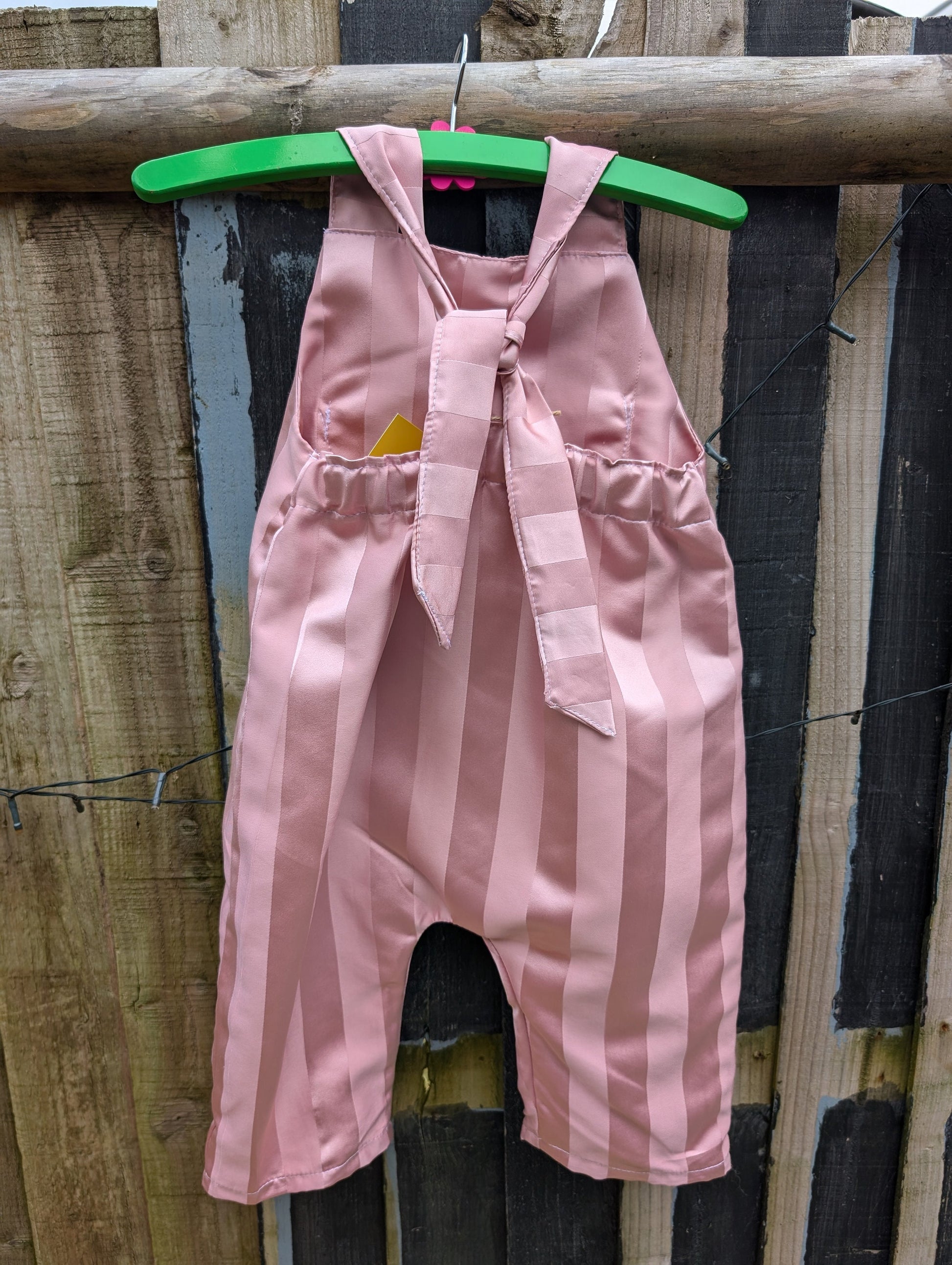 Childs Dungarees, kids romper, age 3-4yrs, pink satin stripe