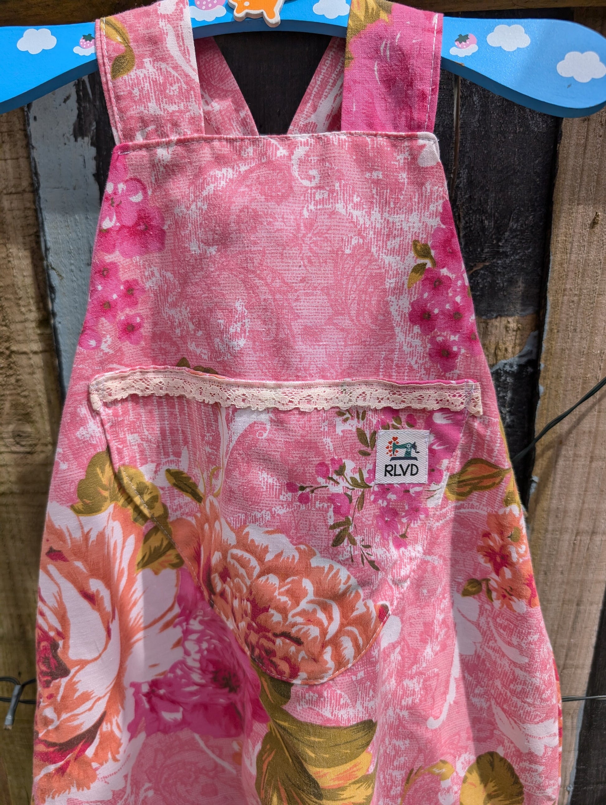 Baby Dungarees, romper, age 6-9m, fushia pink floral