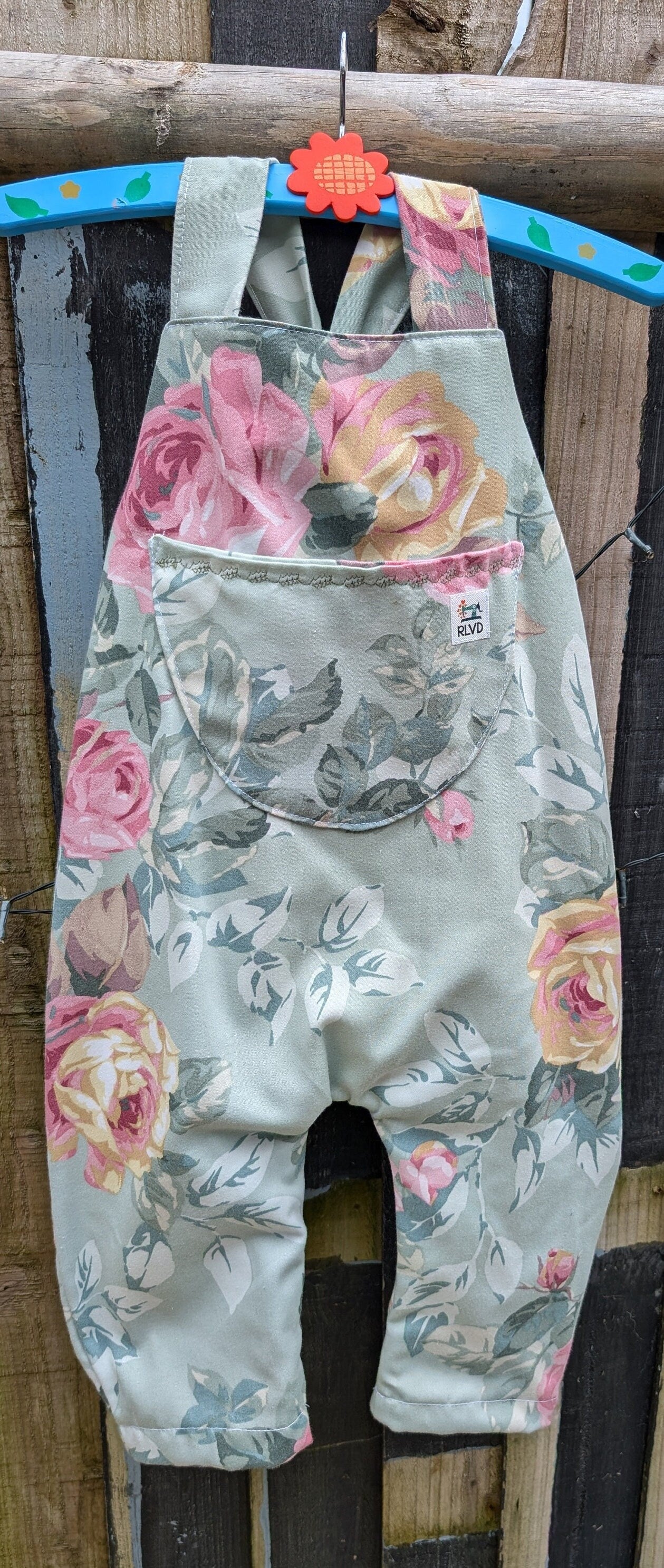 Child Dungarees, romper, age 3-4yrs, green floral, thick fabric