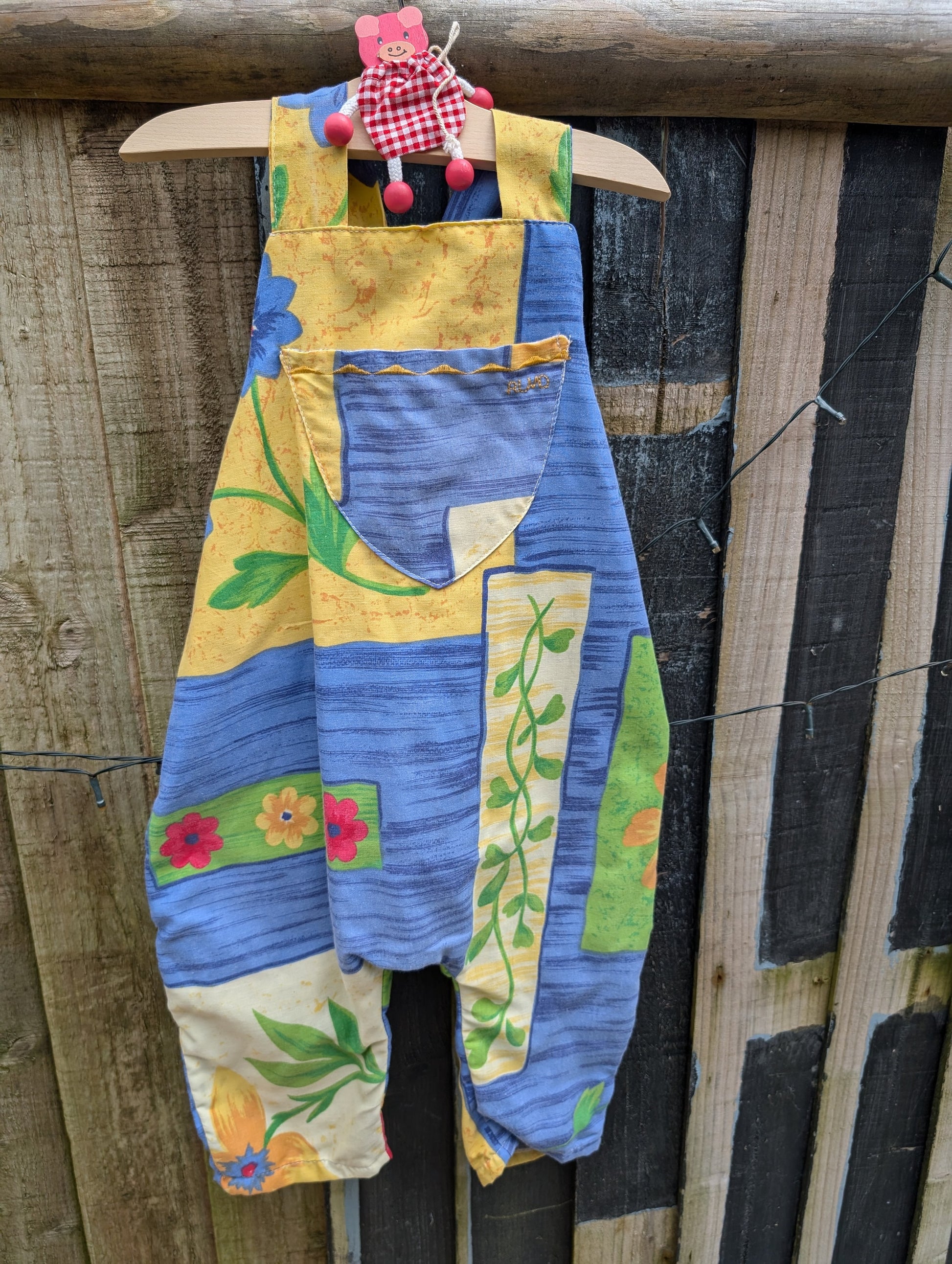 Child Dungarees, romper, age 2-3yrs, 80s blue and yellow floral