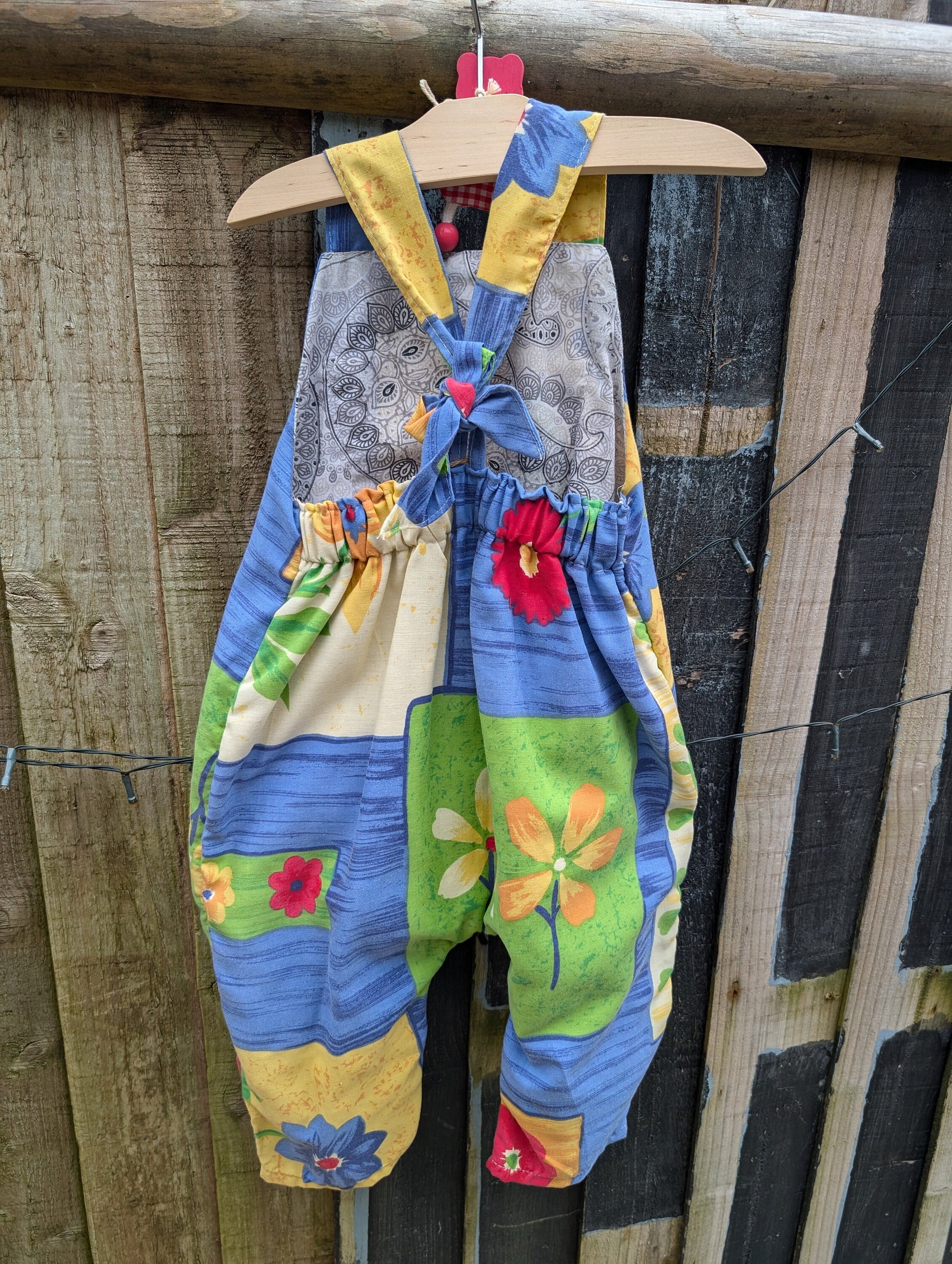 Child Dungarees, romper, age 2-3yrs, 80s blue and yellow floral