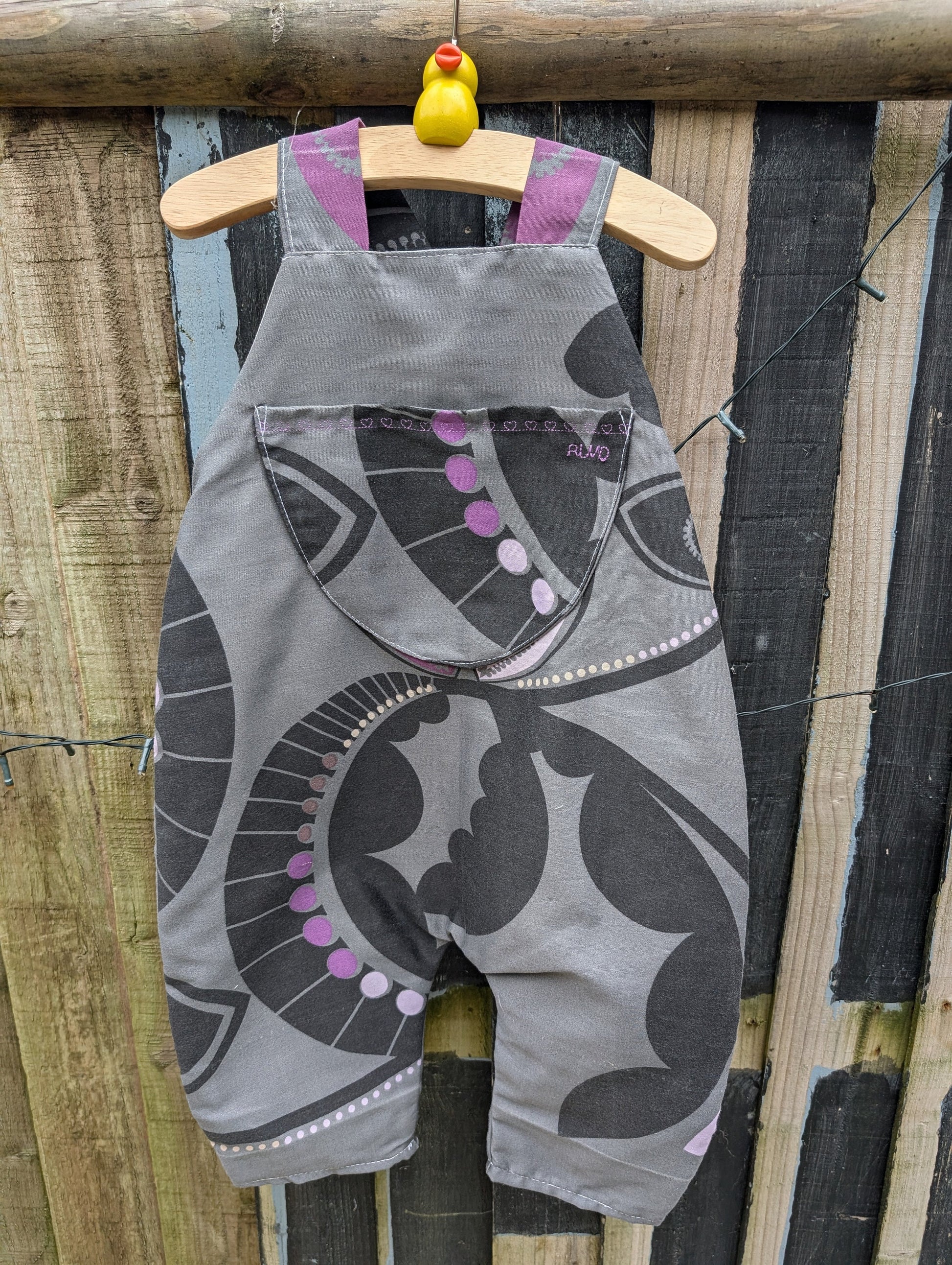 Child Dungarees, romper, age 2-3yrs, purple and black modern floral