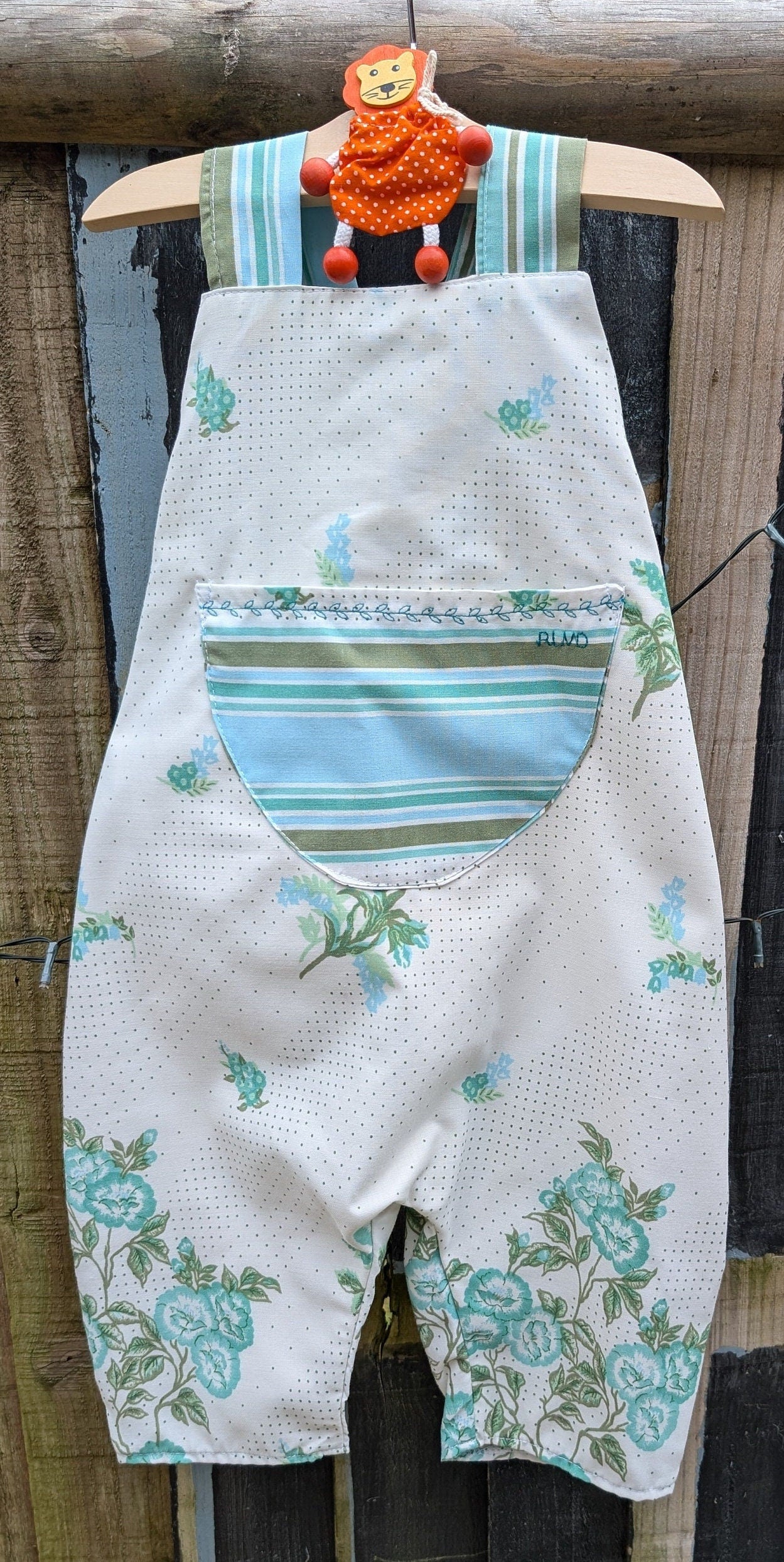 Child Dungarees, romper, age 3-4yrs, vintage green spots