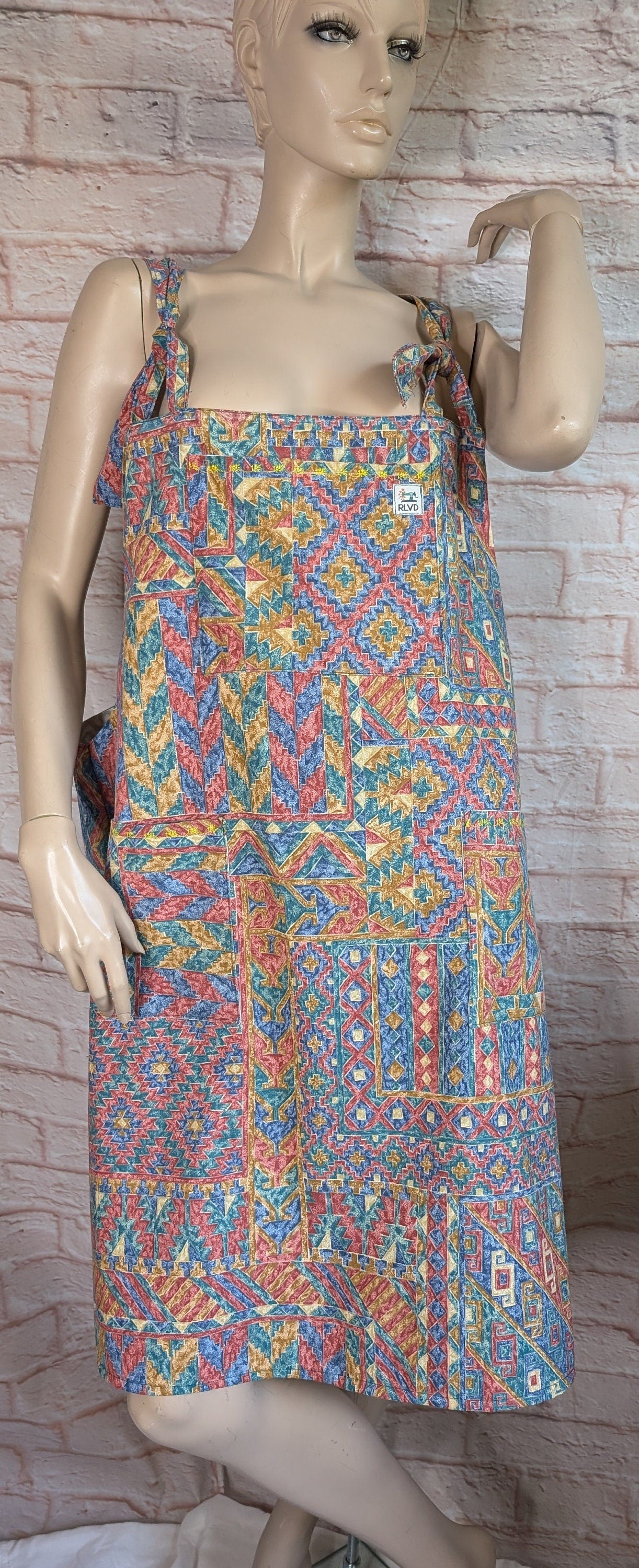 dress size 20, 80/90s patten dress, pinafore dress, dungarees dress, tie top dress, apron dress, pockets dress, multicoloured dress,