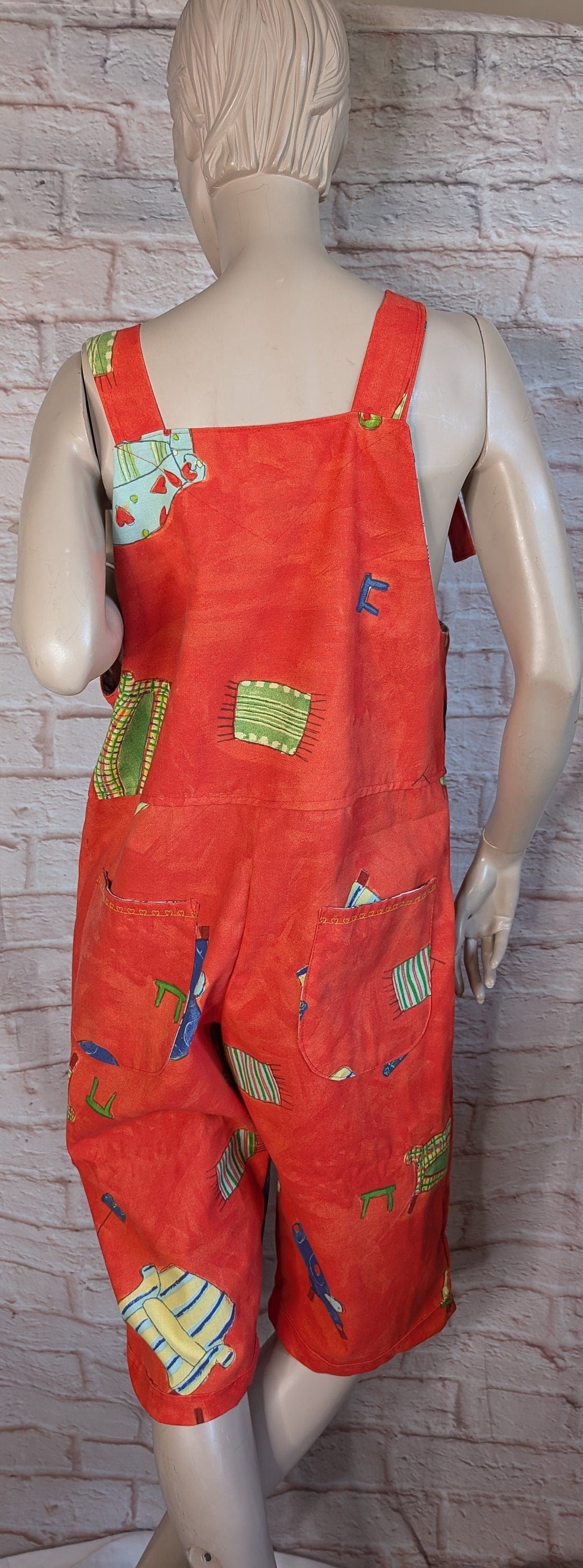 dungarees size 14 , short dungarees, red dungarees, cropped overalls