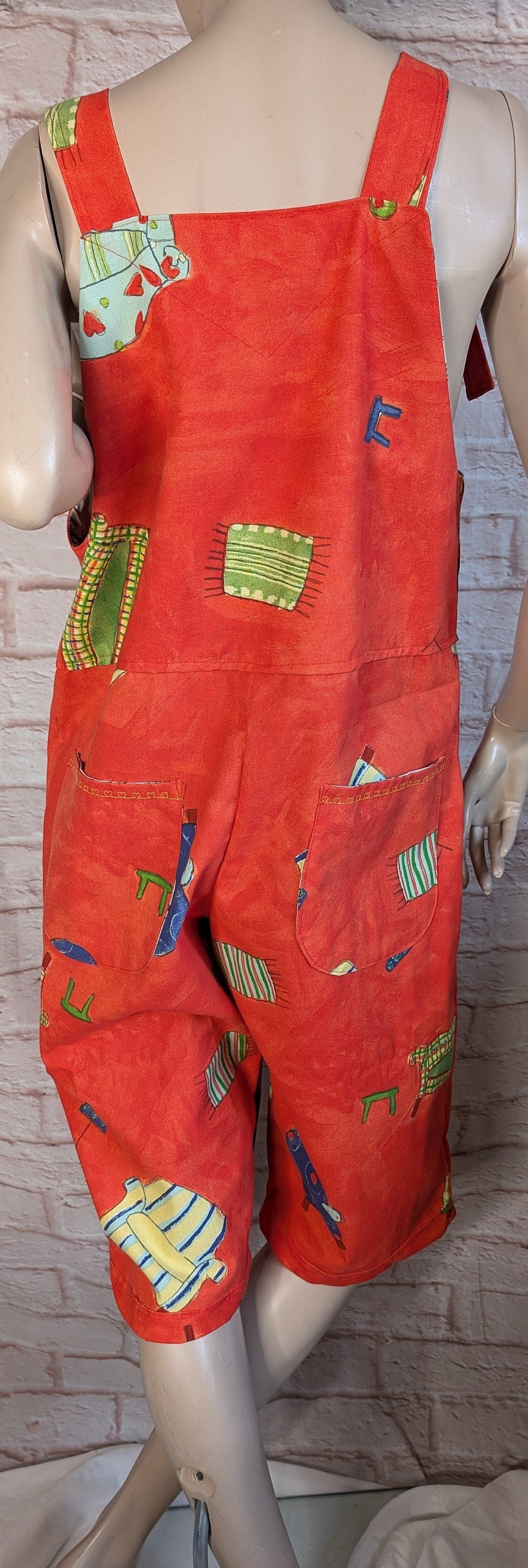 dungarees size 14 , short dungarees, red dungarees, cropped overalls