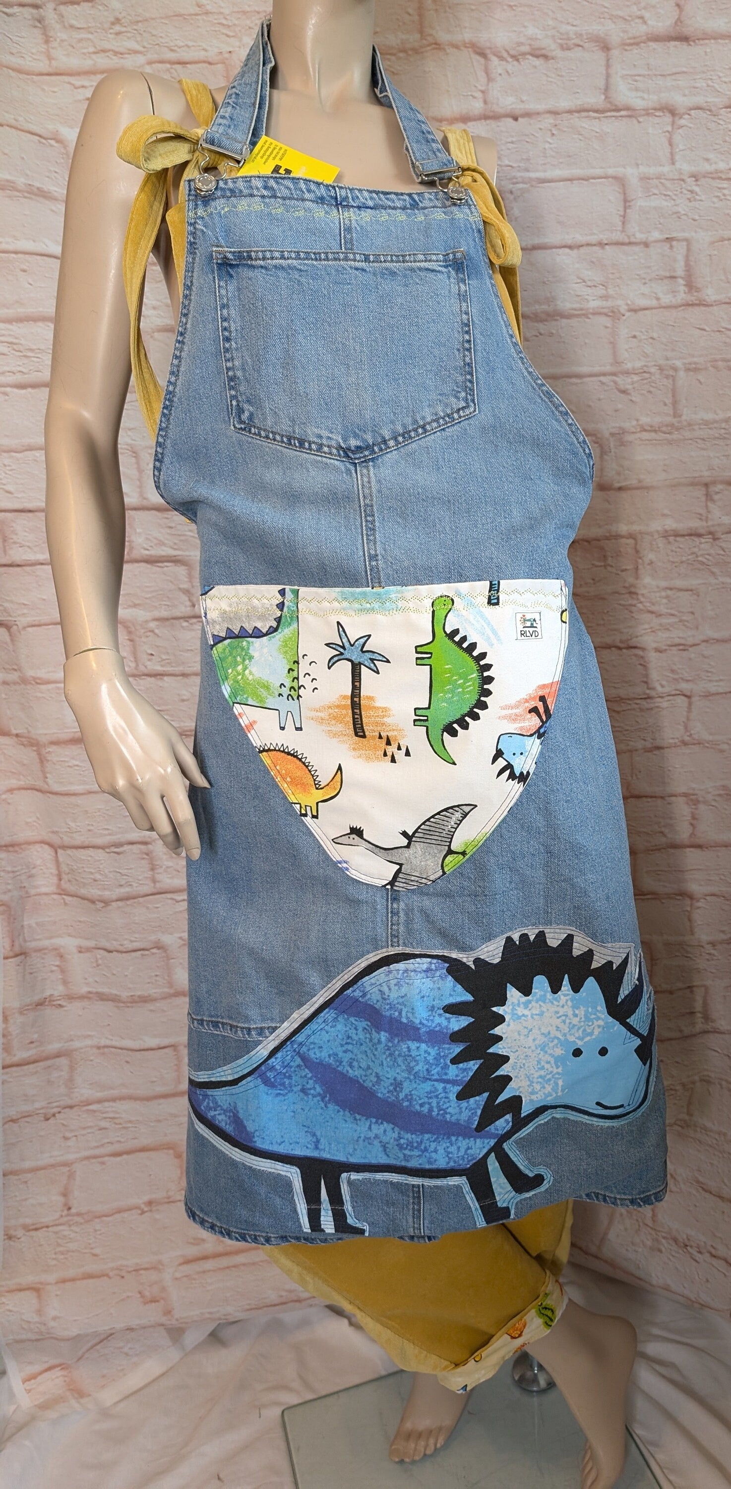 long apron, dinosaur apron adult, denim piny, kitchen cover up, novelty apron