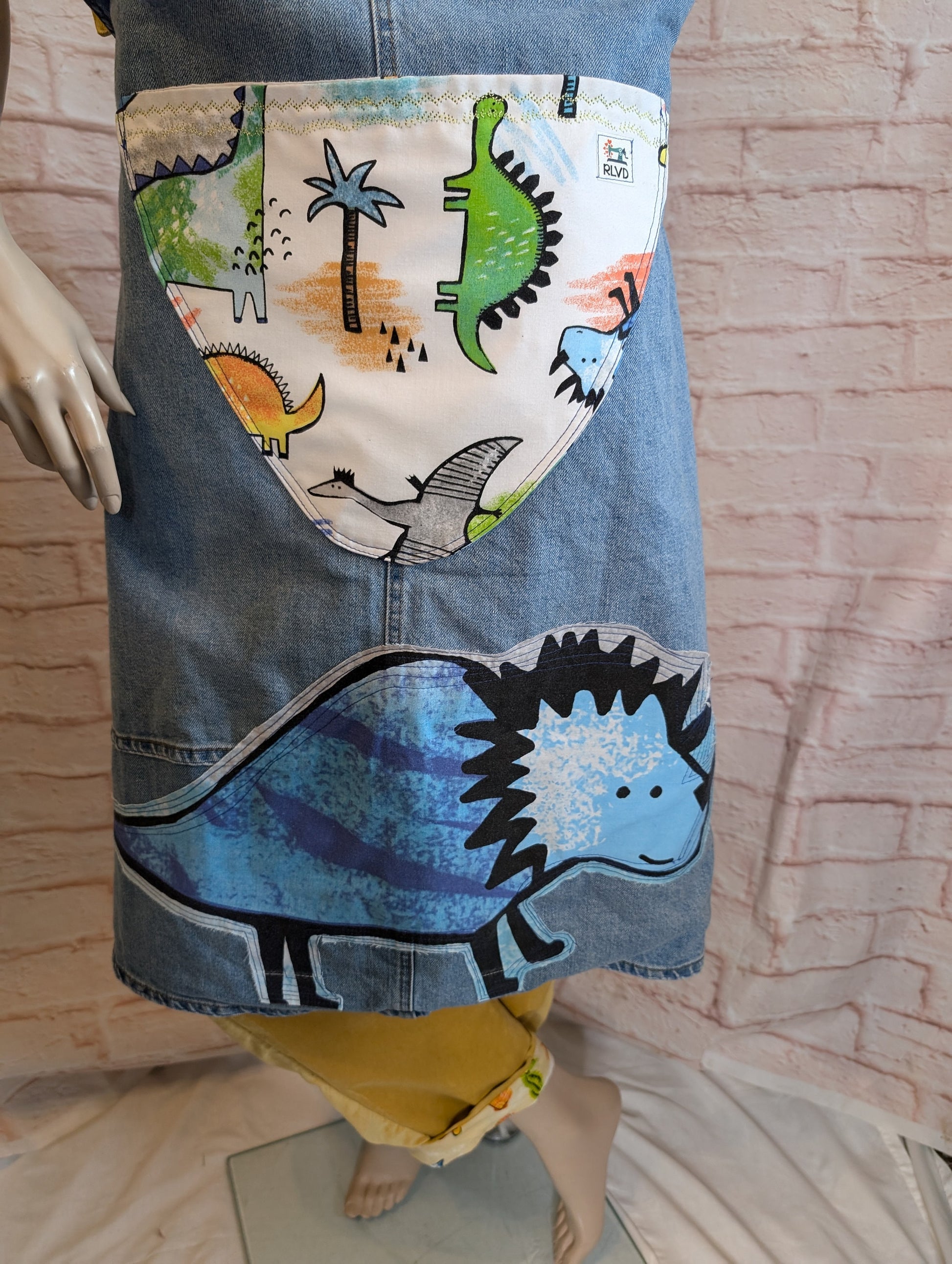 long apron, dinosaur apron adult, denim piny, kitchen cover up, novelty apron