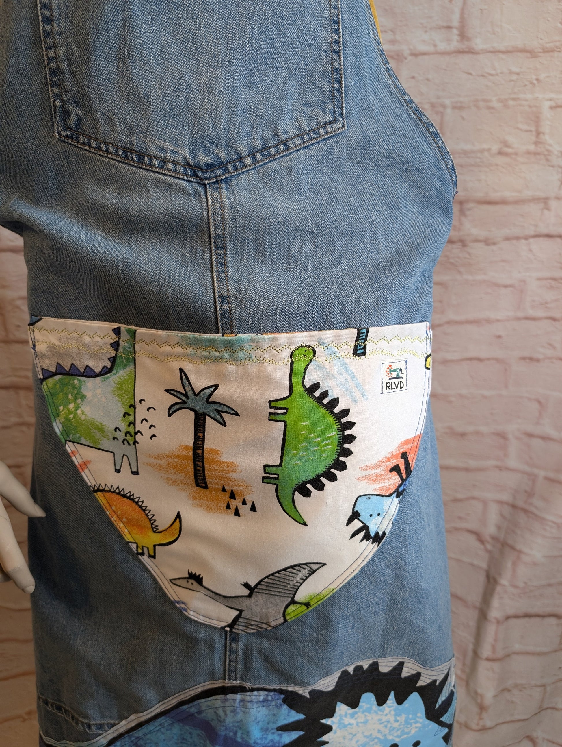 long apron, dinosaur apron adult, denim piny, kitchen cover up, novelty apron