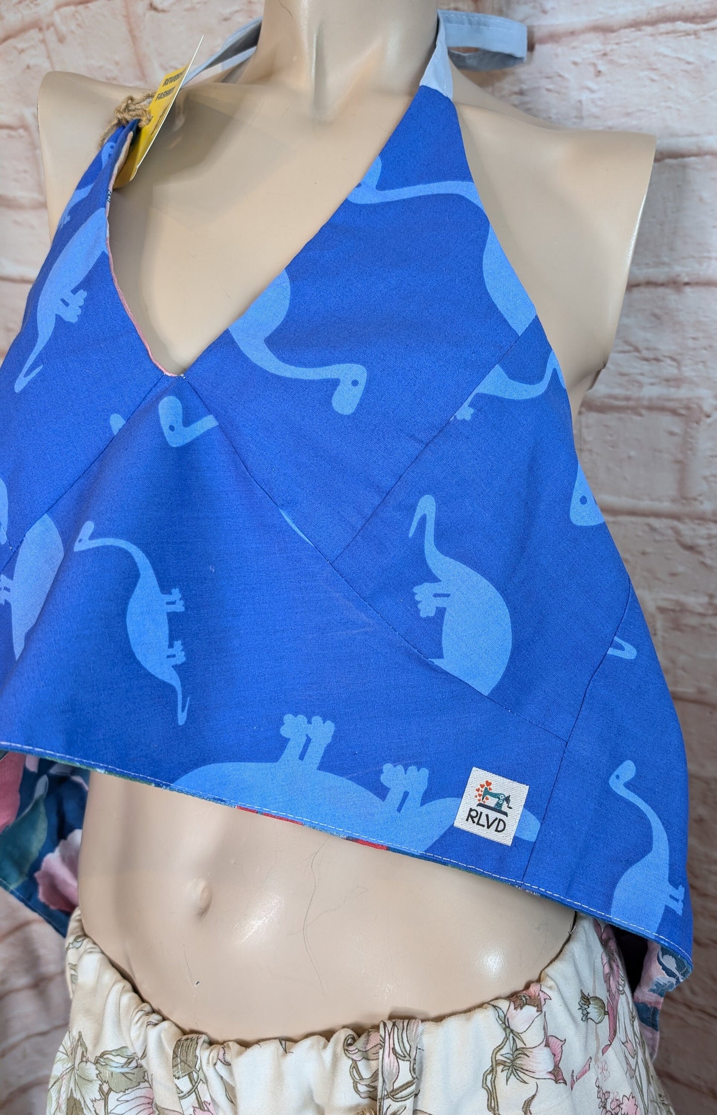 cropped dinosaur/ floral top, tie neck top, short top, halterneck, tie back top, reversible top