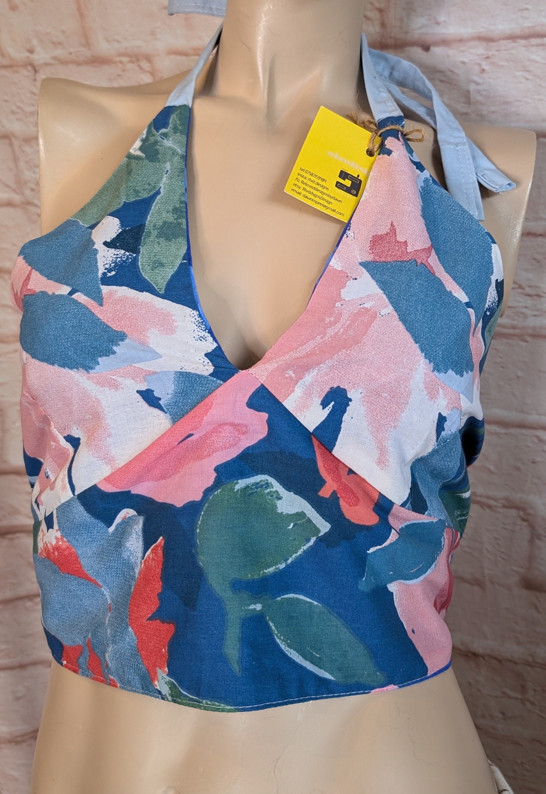 cropped dinosaur/ floral top, tie neck top, short top, halterneck, tie back top, reversible top