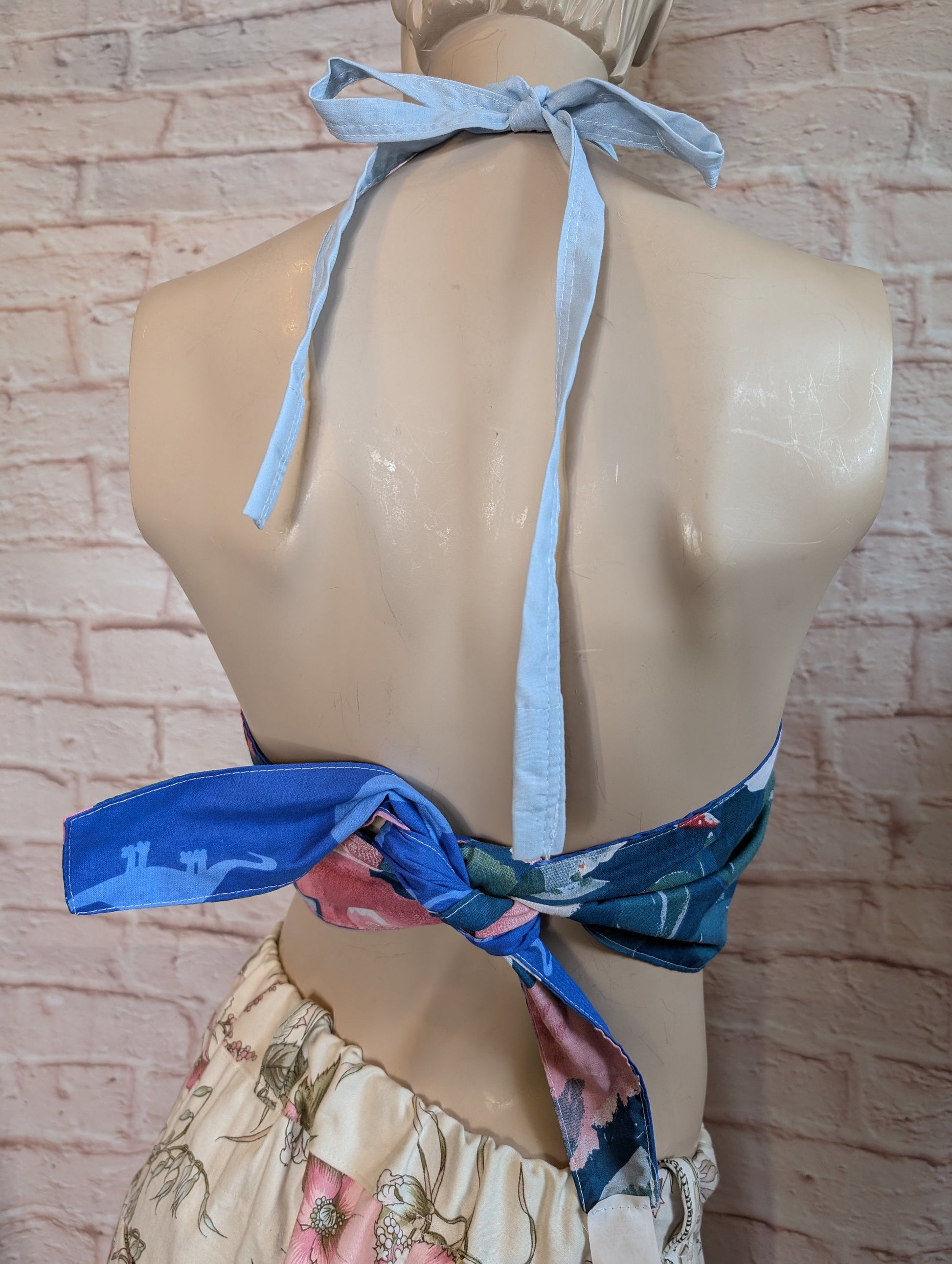 cropped dinosaur/ floral top, tie neck top, short top, halterneck, tie back top, reversible top