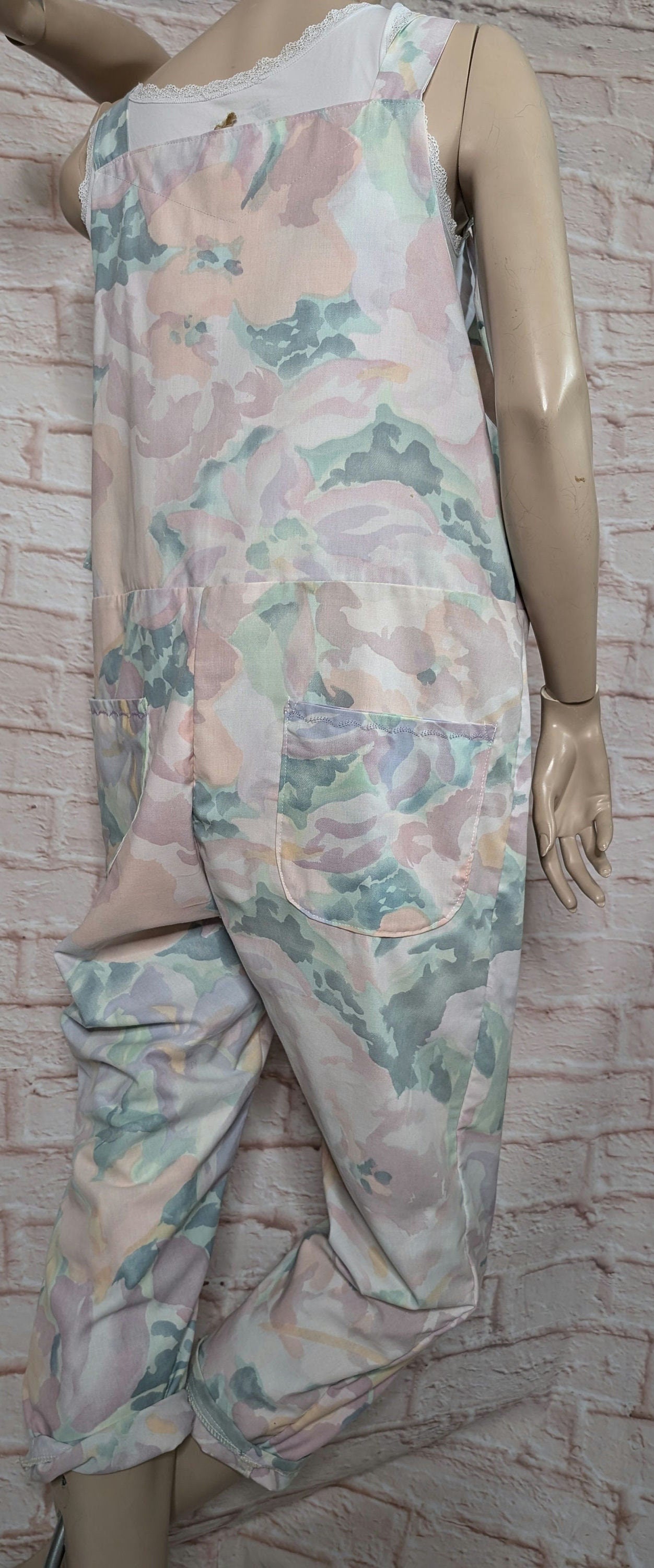 dungarees size 16/18, pastel shades, baggy dungarees, 90s print dungarees, pink overalls