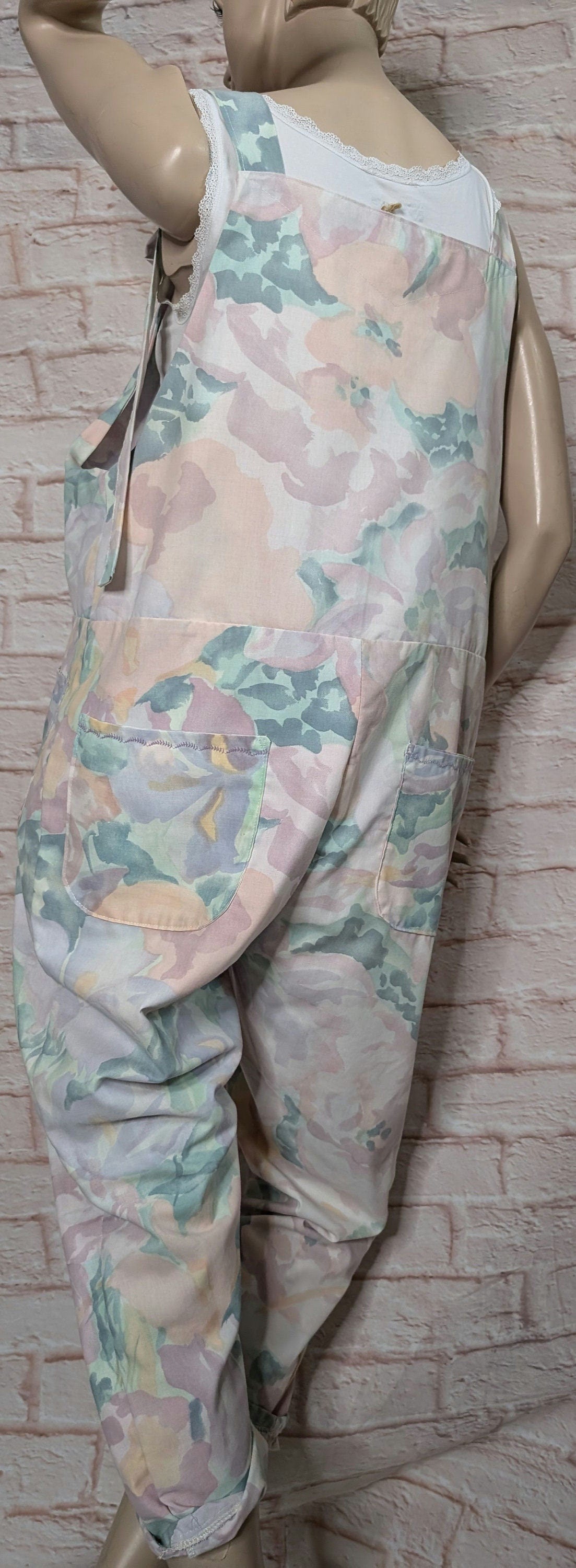 dungarees size 16/18, pastel shades, baggy dungarees, 90s print dungarees, pink overalls