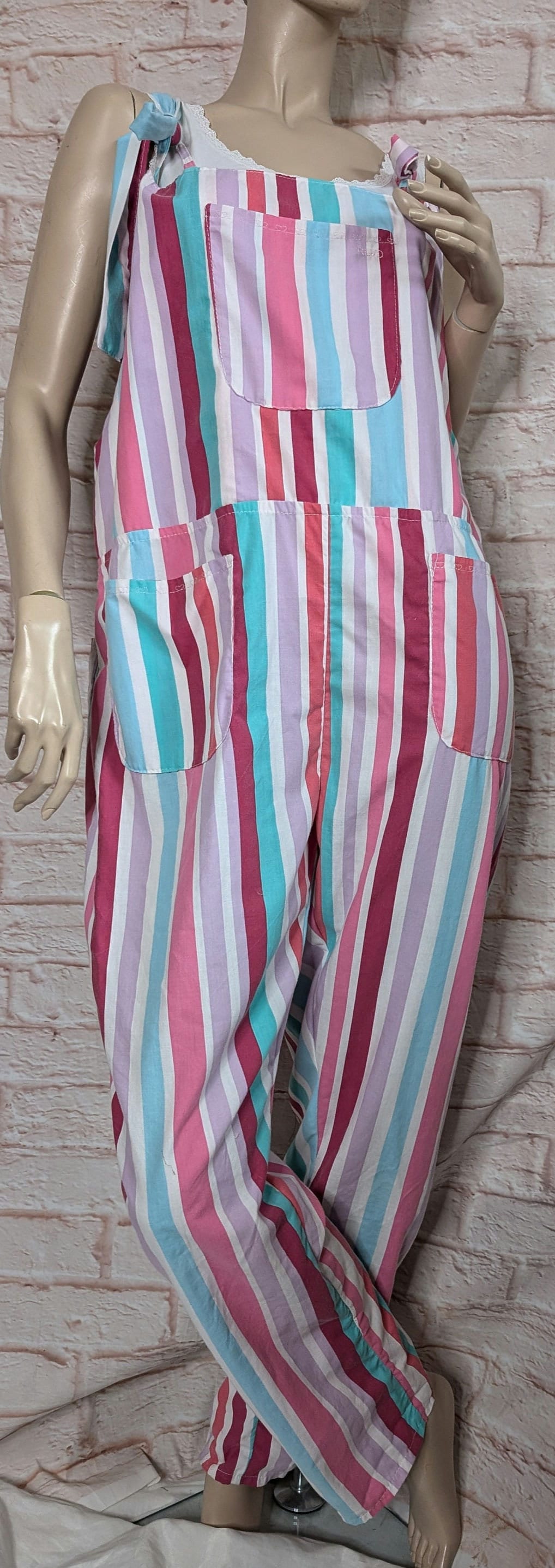 dungarees size 16/18, pastel strips, baggy dungarees, candy stripe dungarees, pink overalls