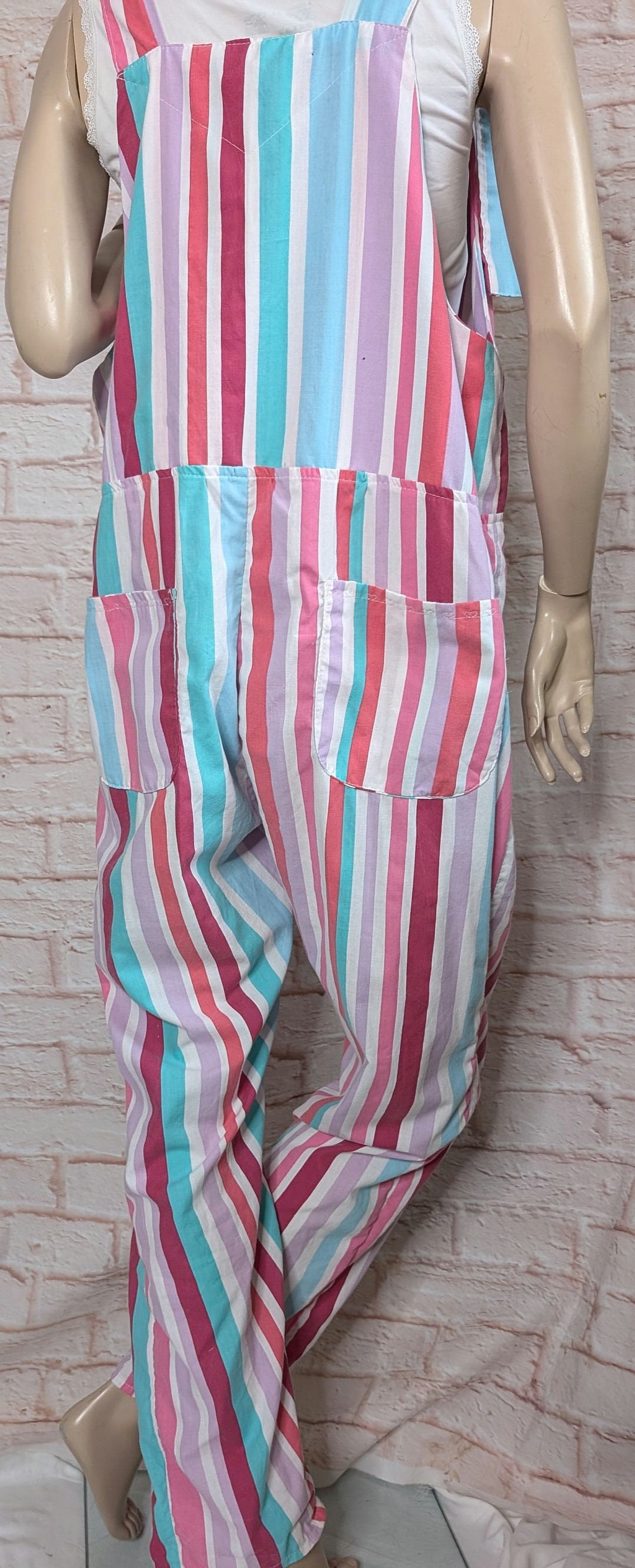 dungarees size 16/18, pastel strips, baggy dungarees, candy stripe dungarees, pink overalls