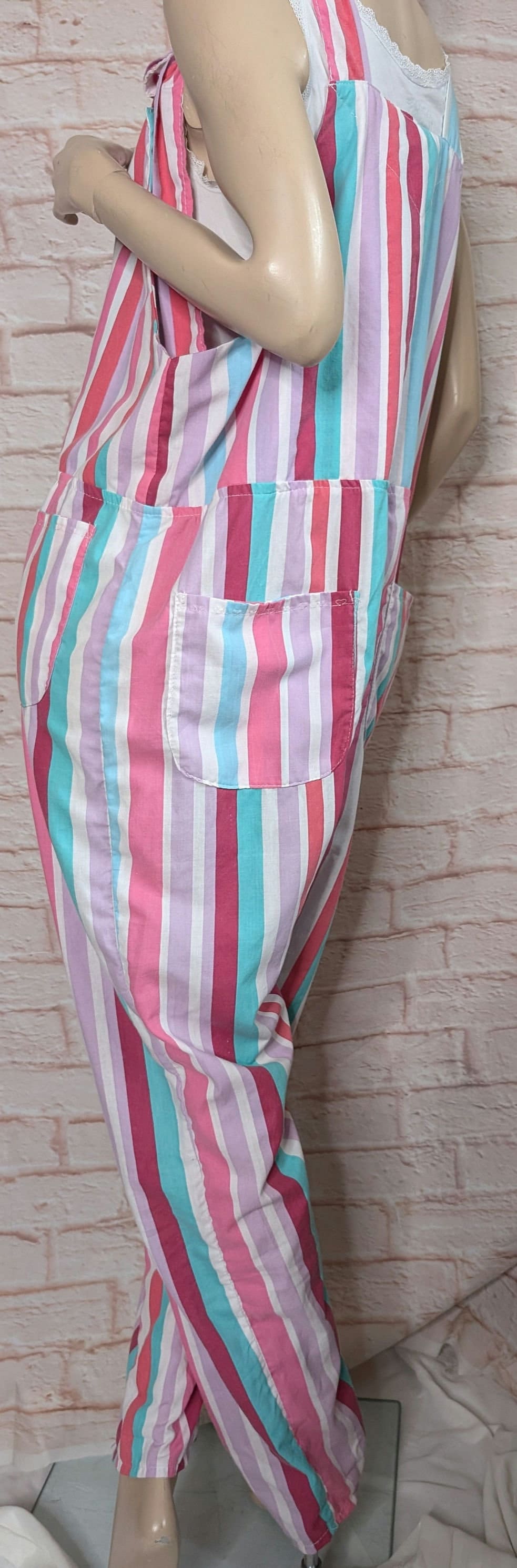 dungarees size 16/18, pastel strips, baggy dungarees, candy stripe dungarees, pink overalls