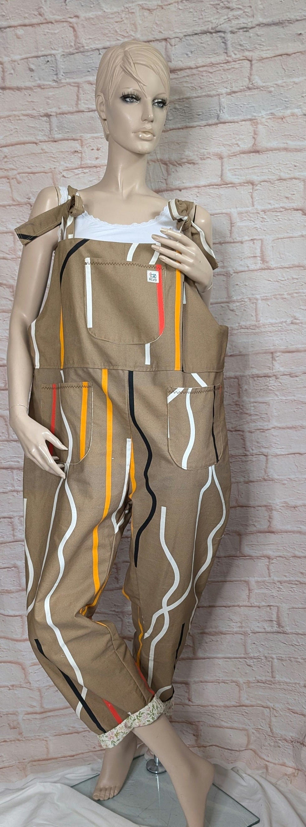 dungarees size 16/18, caramel colour baggy dungarees, abstract stripe dungarees, patterned overalls