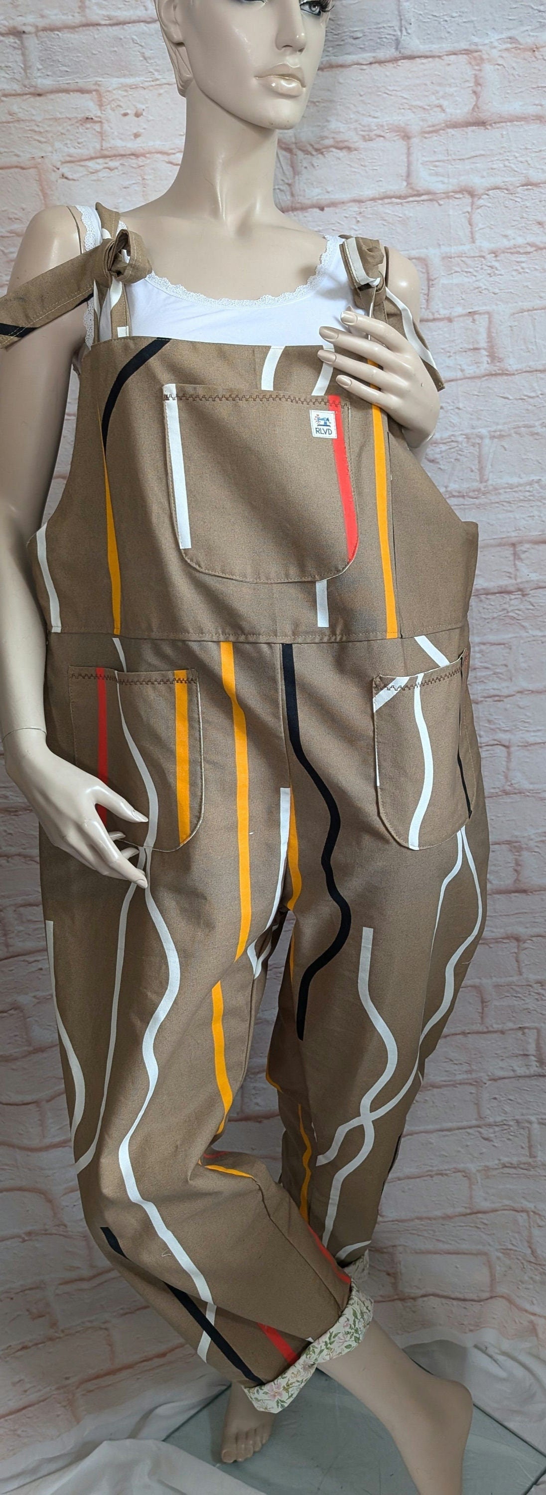 dungarees size 16/18, caramel colour baggy dungarees, abstract stripe dungarees, patterned overalls