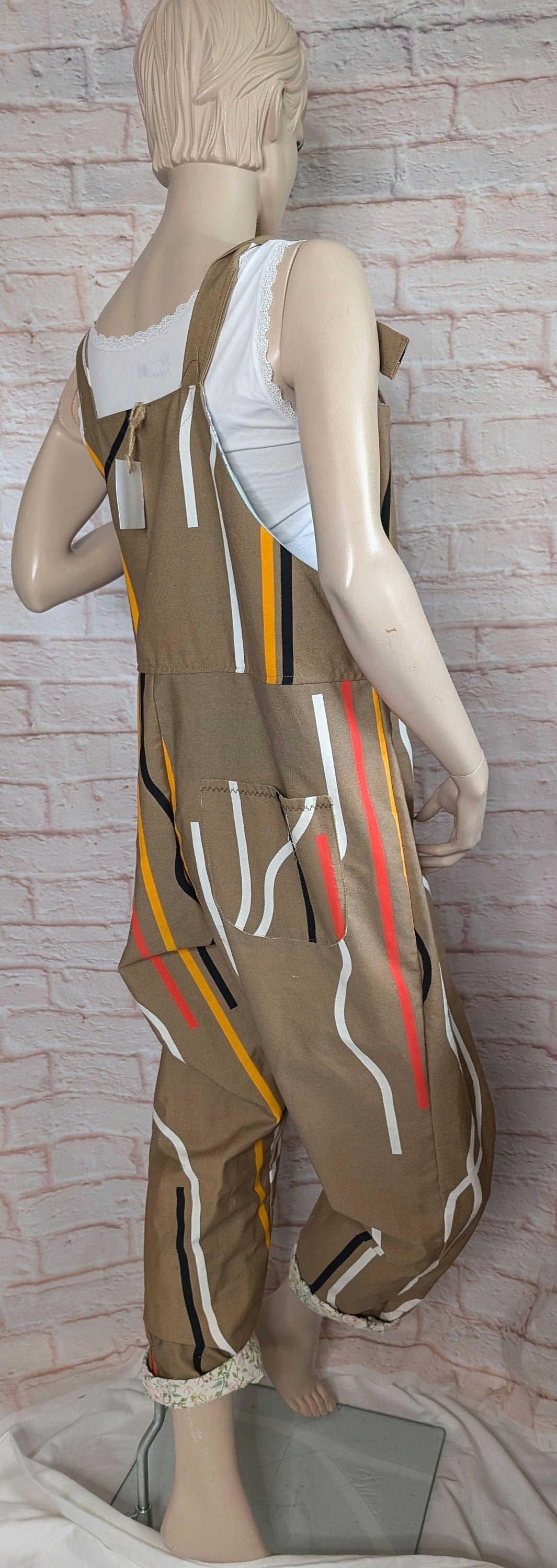 dungarees size 16/18, caramel colour baggy dungarees, abstract stripe dungarees, patterned overalls