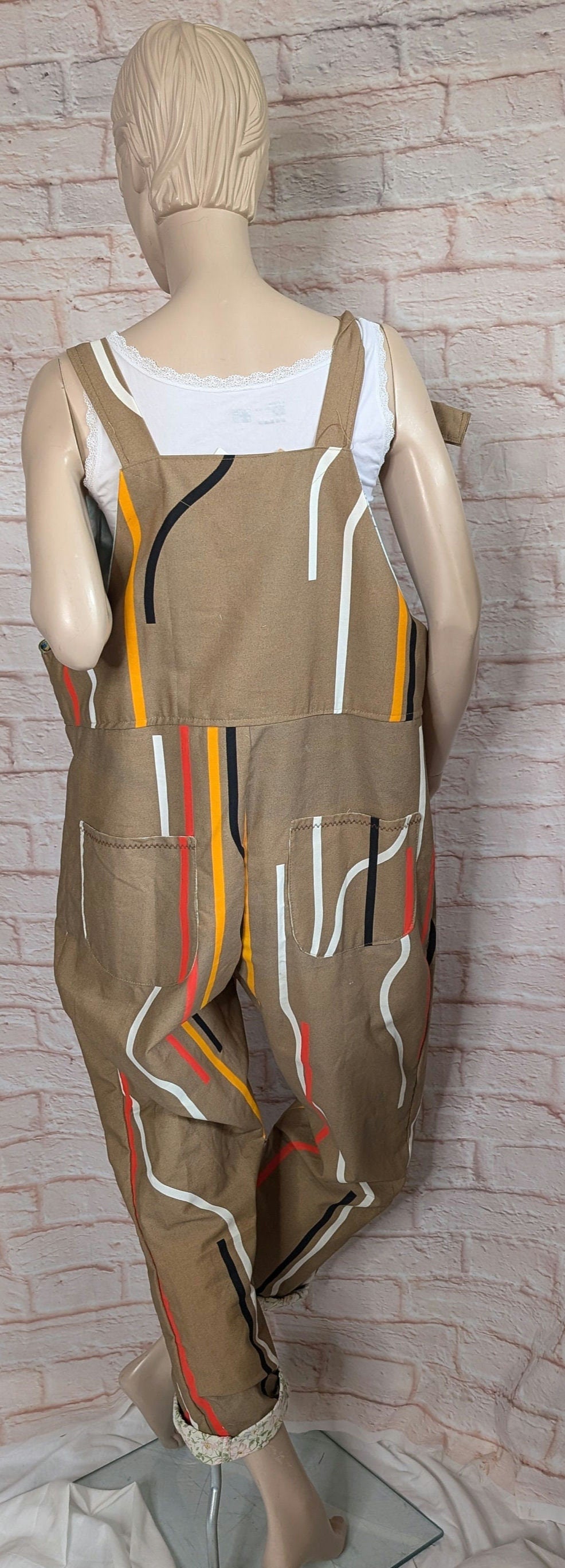 dungarees size 16/18, caramel colour baggy dungarees, abstract stripe dungarees, patterned overalls