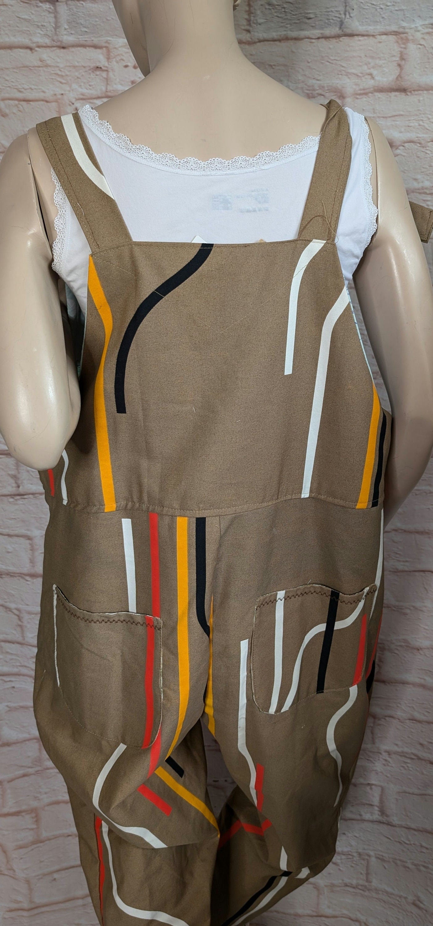 dungarees size 16/18, caramel colour baggy dungarees, abstract stripe dungarees, patterned overalls