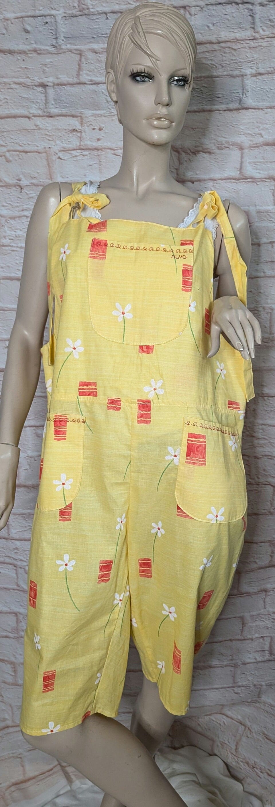 dungarees size 16, short dungarees, yellow and red floral dungarees