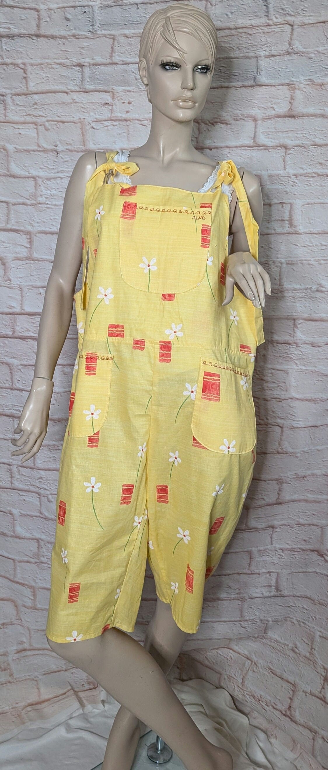 dungarees size 16, short dungarees, yellow and red floral dungarees