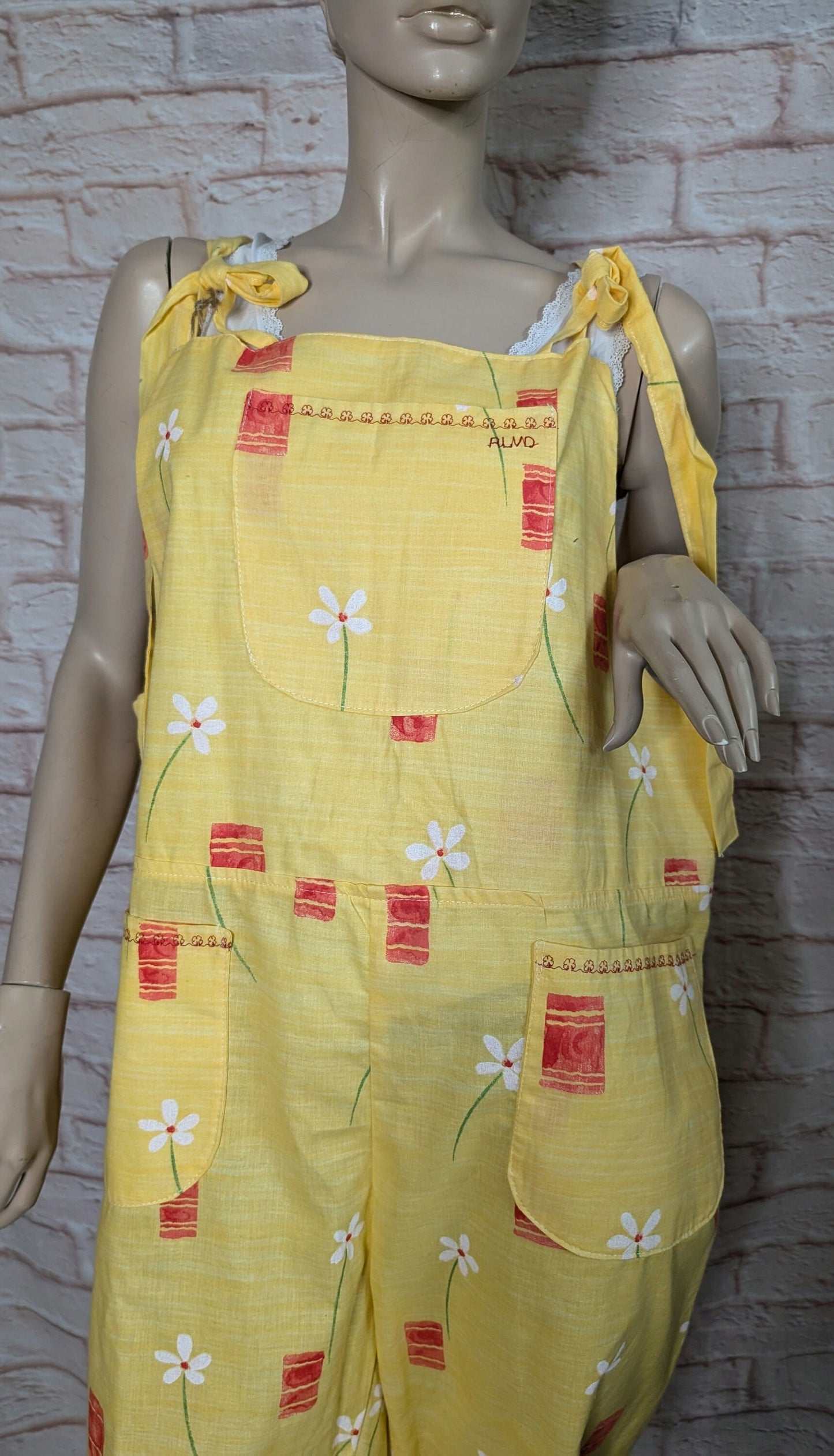 dungarees size 16, short dungarees, yellow and red floral dungarees